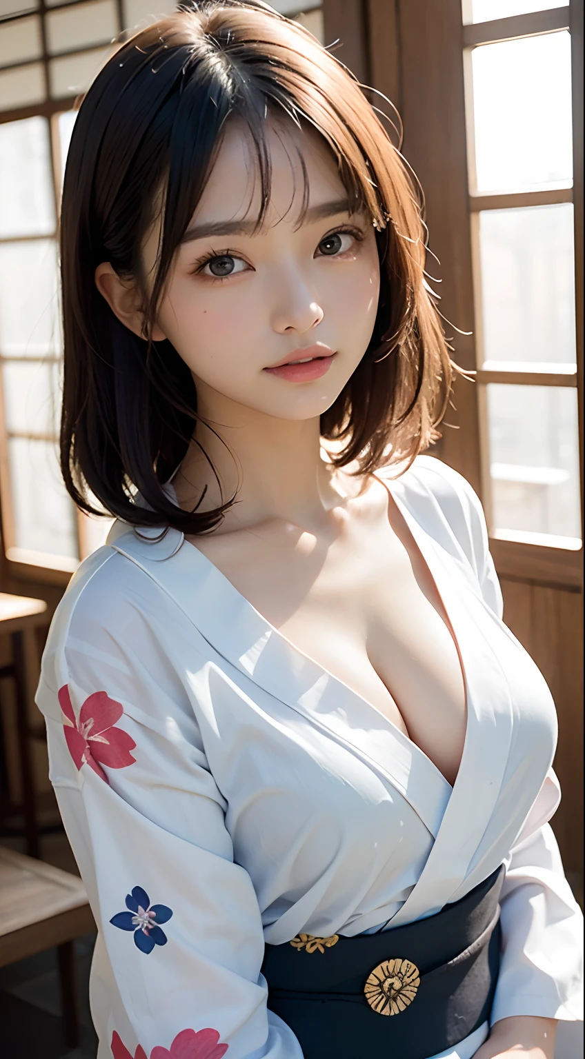 cute 21 year old japanese、super detailed face、Attention to detail、double eyelid、Beautiful thin nose、Sharp focus:1.2、Beauty:1.4、(bright茶髪、short cut hair、white skin、highest quality、bright、masterpiece、ultra high resolution、(realism:1.4)、hostel、yukata、on the futon、Bedroom、B cup breasts、