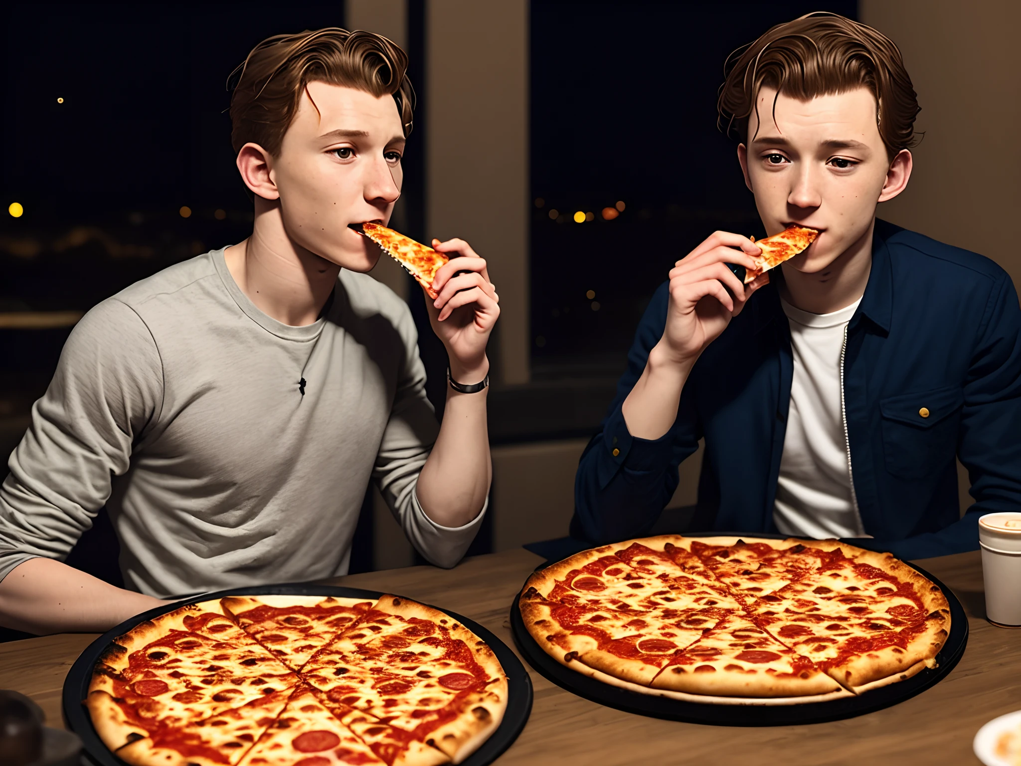tom holland eating a cheese pizza with george washington caught in a night vision camera