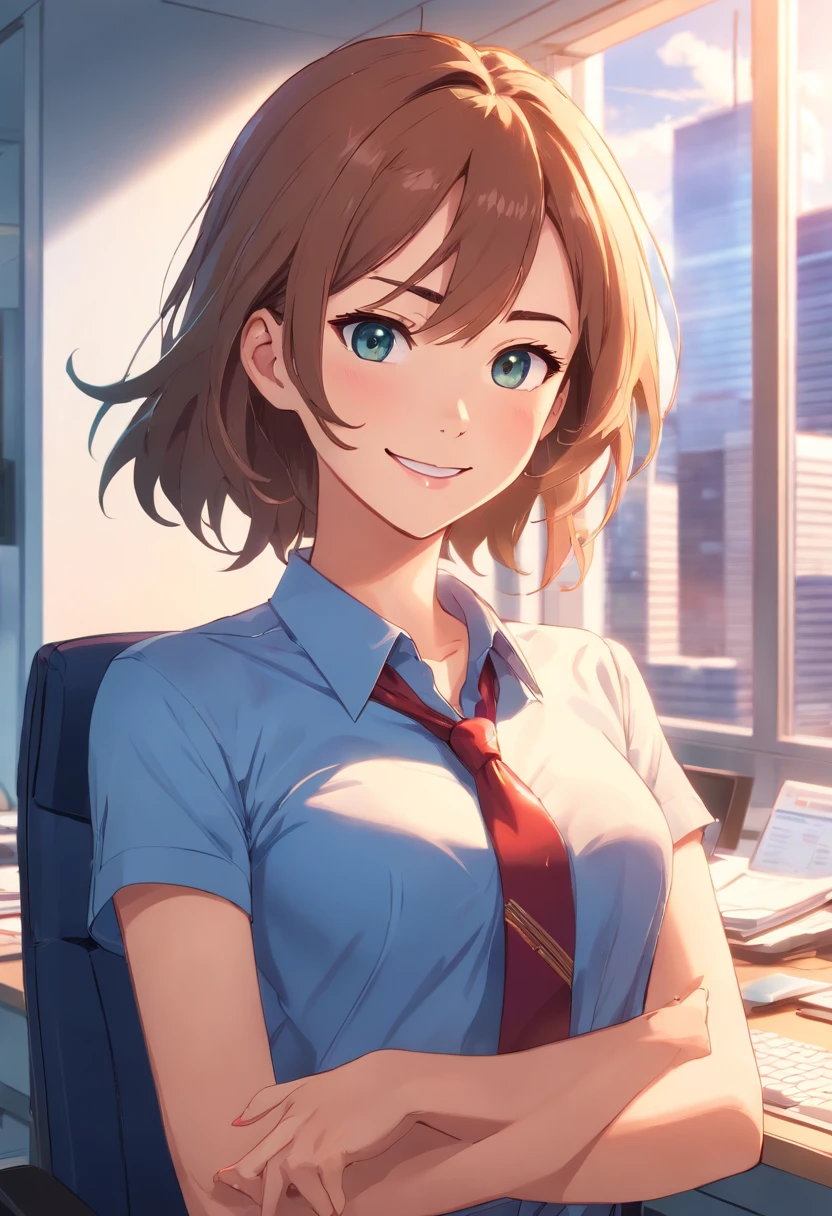 1woman, (office), supergirl, smile, ripping, shirt, detailed eyes, detailed lips, beautiful face, confident pose, modern office setting, sunlight streaming through the window, professional lighting, vibrant colors
