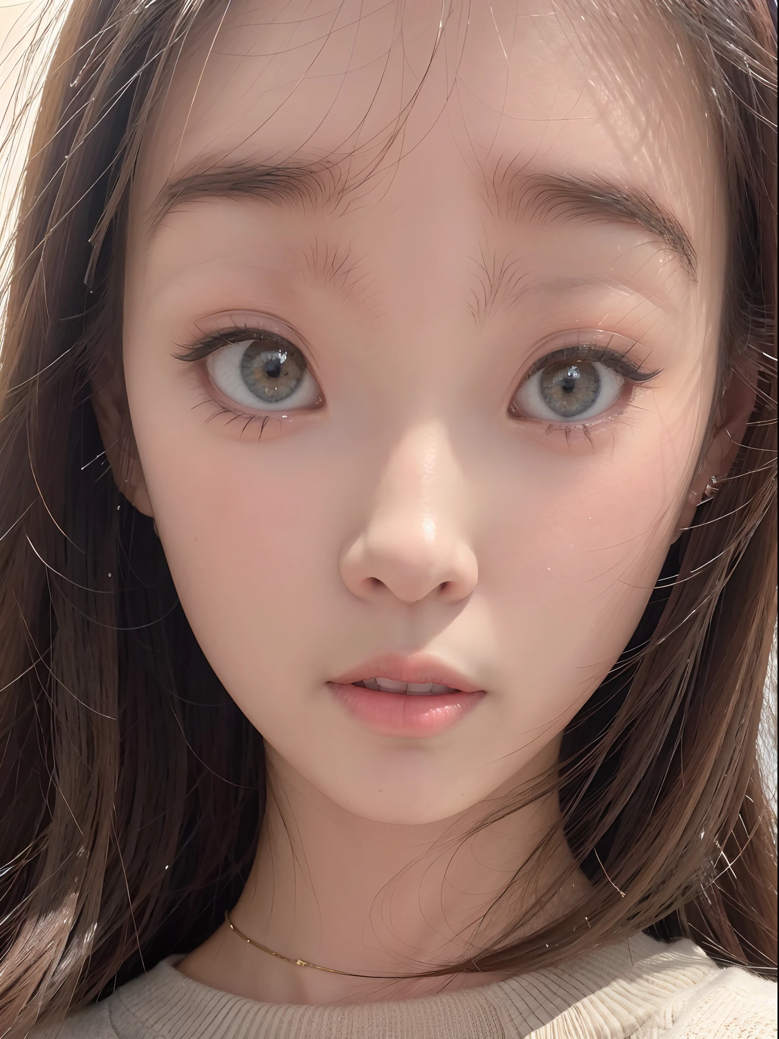 A closeup of a woman in a sweater standing on a street, retrato bonito-fino-face, menina bonito-fino-cara, Beautiful Asian girl, retrato impressionante do rosto do anime, Realistic. Cheng Yi, menina coreana, imagem retrato bonita, retrato bonito do anime, bonito rosto de anime natural, 🤤 retrato da menina, lindo retrato do rosto, retrato bonito, foto retrato suave 8 k