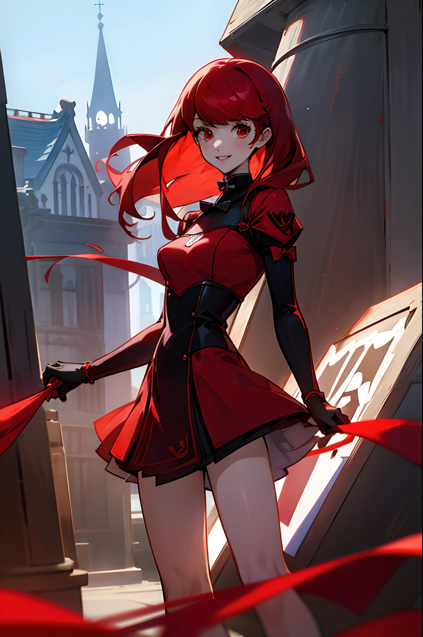 Anime girl, long red related with ribbon hair, Dress, (Standing in the medival city), Yoshizawa from persona 5, smiling, Masterpiece, cool loking, 8k, 4k, Super high quality, perfect anathomy, perfect body, cute face,