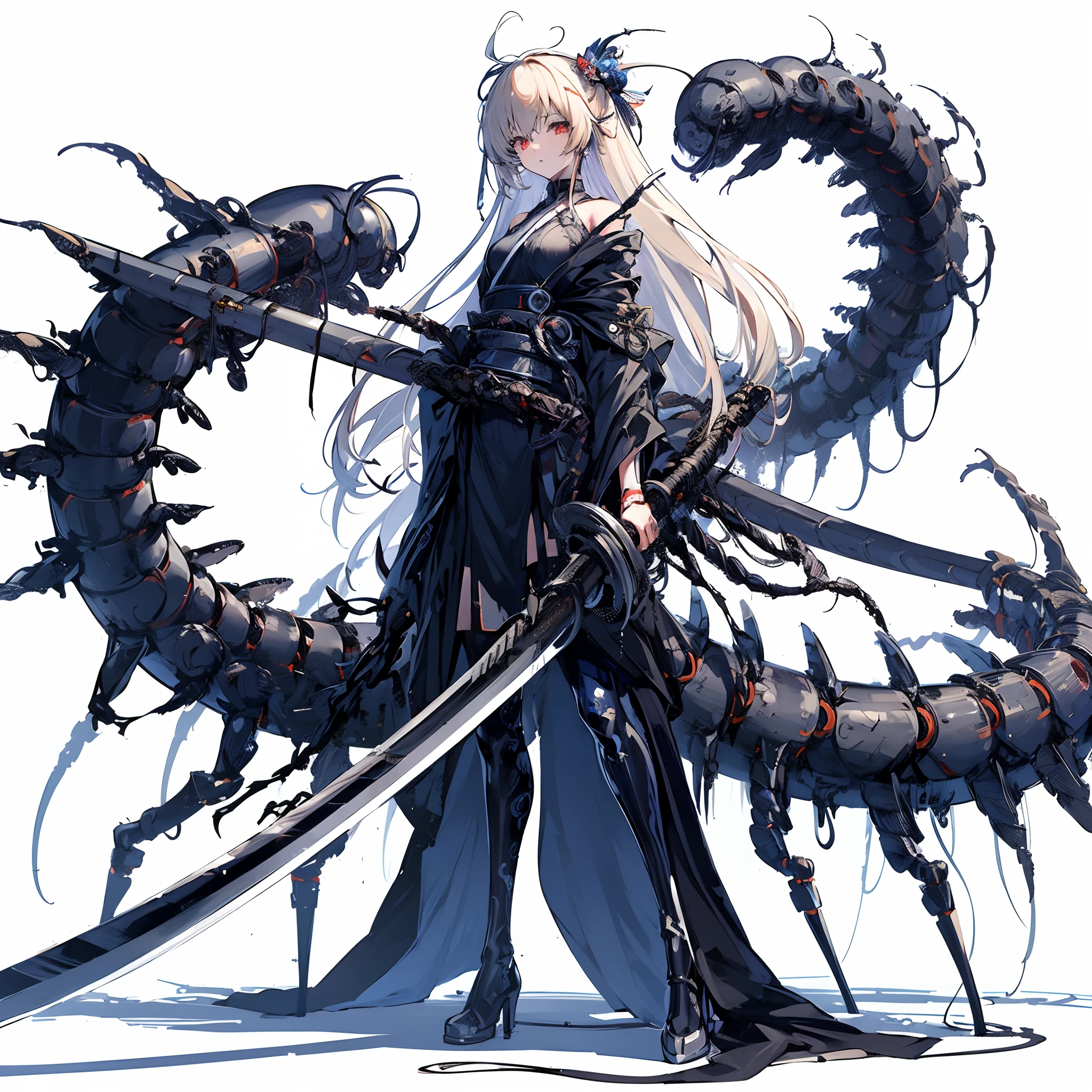 (masutepiece, Best Quality), (Perfect female body:1.2), Ultra-detailed, Anime style, Solo, Priestess in cyber dress、With a huge giant sword, Cyberpunk Ninja Girl, ash blond hair, huge many branched centipede tails,,, White background, Whole body. Standing in the wasteland