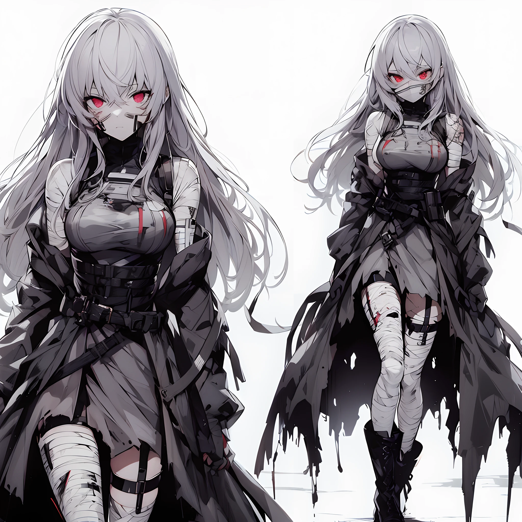 (masutepiece, Best Quality), (Perfect athlete body:1.2), (detailed hairs), Ultra-detailed, Anime style, Full body, Cyberpunk Vampire Girl, Bandaged face, bandaged、mummy、Silver hair and red eyes, wearing a gothic dress, Standing in the wasteland, Wearing long boots, White background, Whole body,