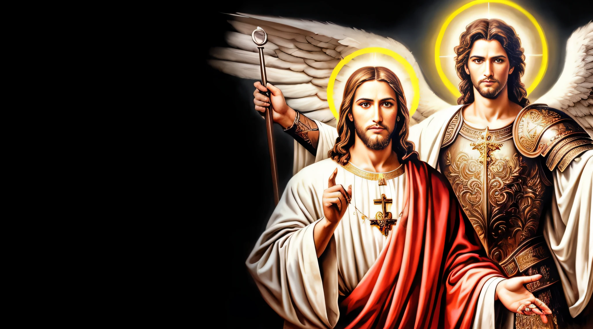 uma pintura de dois anjos segurando uma cruz e uma espada, jesus christ fighting lucifer, 2 anjos, O Senhor e Salvador, imagens sagradas, Jovem Deus Todo-Poderoso, Segunda vinda, imagens religiosas, anjos biblicamente precisos, Jesus Cristo, o bem e o mal, santo e sagrado, papel de parede hd, iconografia sagrada, christian saint, Arcanjo Miguel, iconografia religiosa