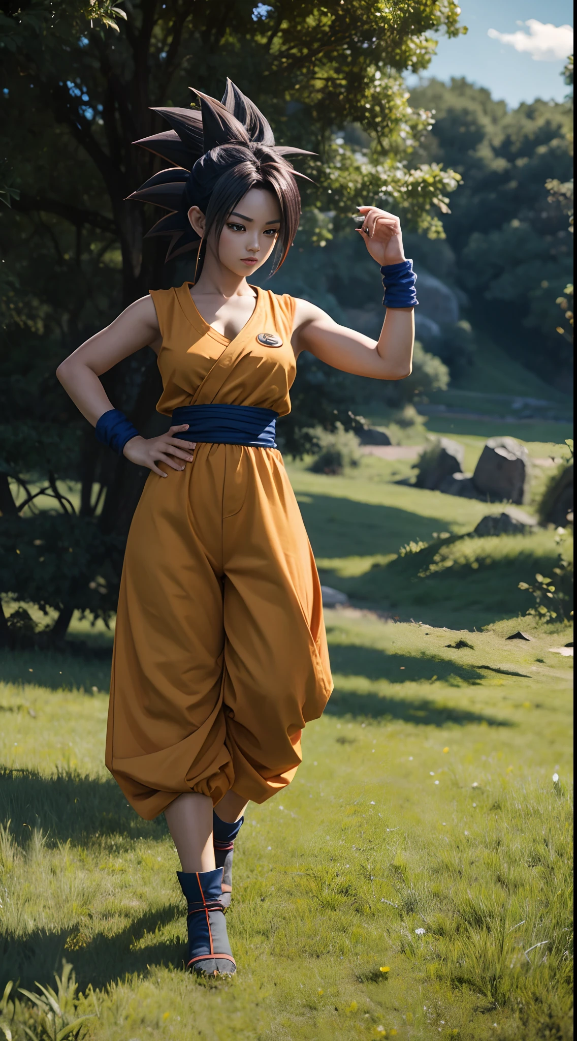 Full body saiyan girl,songoku hair,grass background