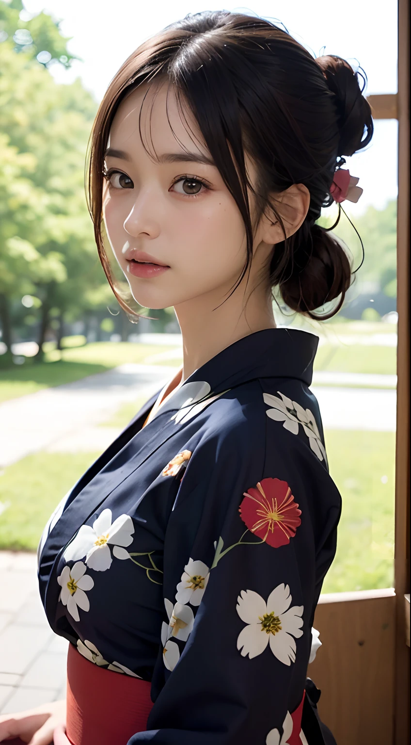 (masutepiece, Best Quality:1.4), Beautiful face, 8K, 85 mm, absurderes, (floral pattern yukata:1.4), The upper part of the body, Exposing breasts、 violaceaess, gardeniass, Delicate girl, Solo, Night, Looking at Viewer, Upper body, Film grain, chromatic abberation, Sharp Focus, face lights, Professional Lighting, Sophisticated, (Smile:0.4), cleavage, (Simple background, Bokeh background:1.2), Detail Face
