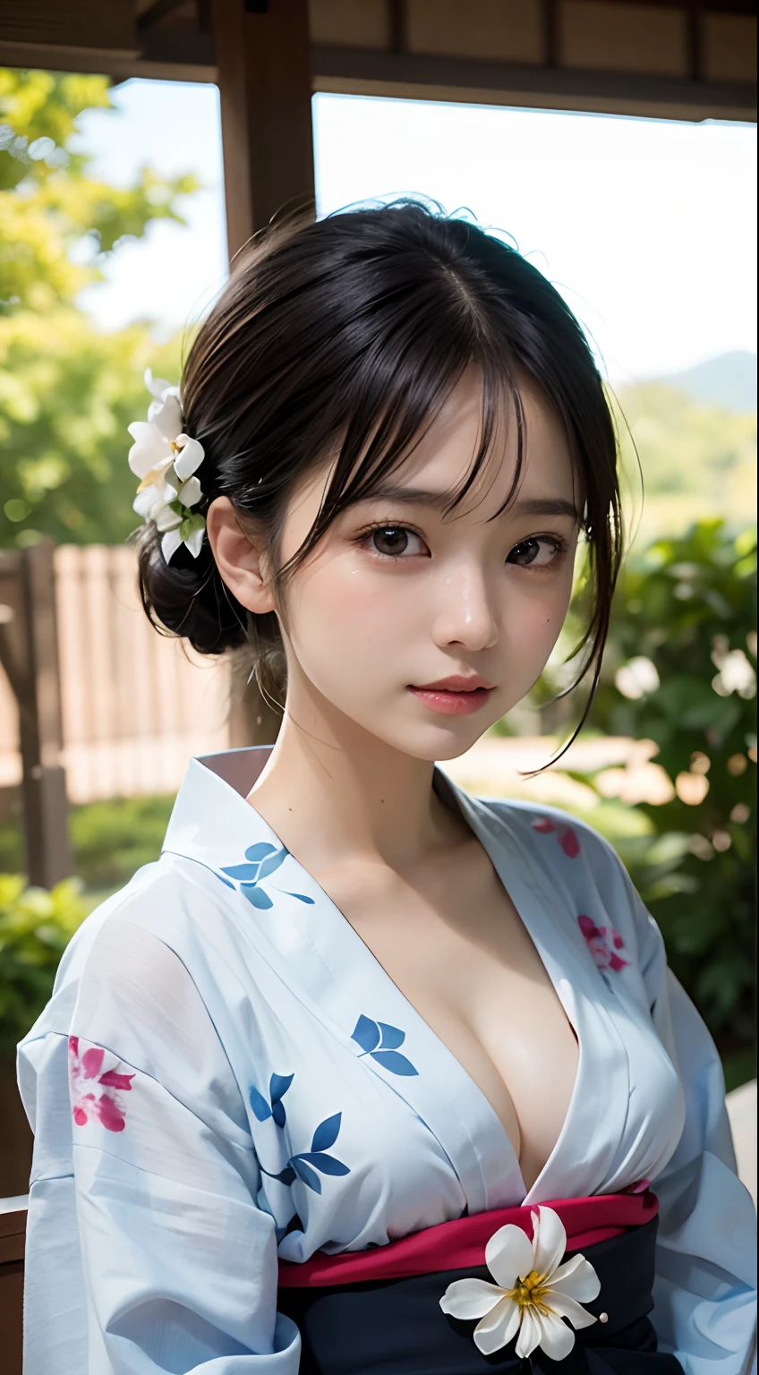 (masutepiece, Best Quality:1.4), Beautiful face, 8K, 85 mm, absurderes, (floral pattern yukata:1.4), The upper part of the body, Exposing breasts、 violaceaess, gardeniass, Delicate girl, Solo, Night, Looking at Viewer, Upper body, Film grain, chromatic abberation, Sharp Focus, face lights, Professional Lighting, Sophisticated, (Smile:0.4), cleavage, (Simple background, Bokeh background:1.2), Detail Face