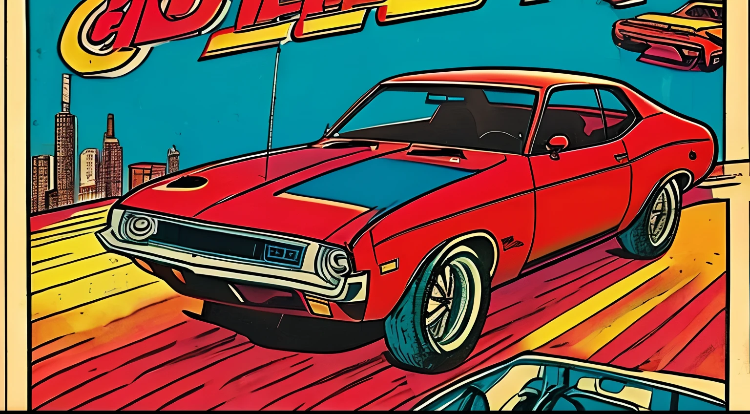 create a 70s movie poster, comic art, Stephen Bliss art style, 80s clothes, muscle cars, 70s woman, undercover cop in leather jacket, car chase, rock n roll, guns and explosion