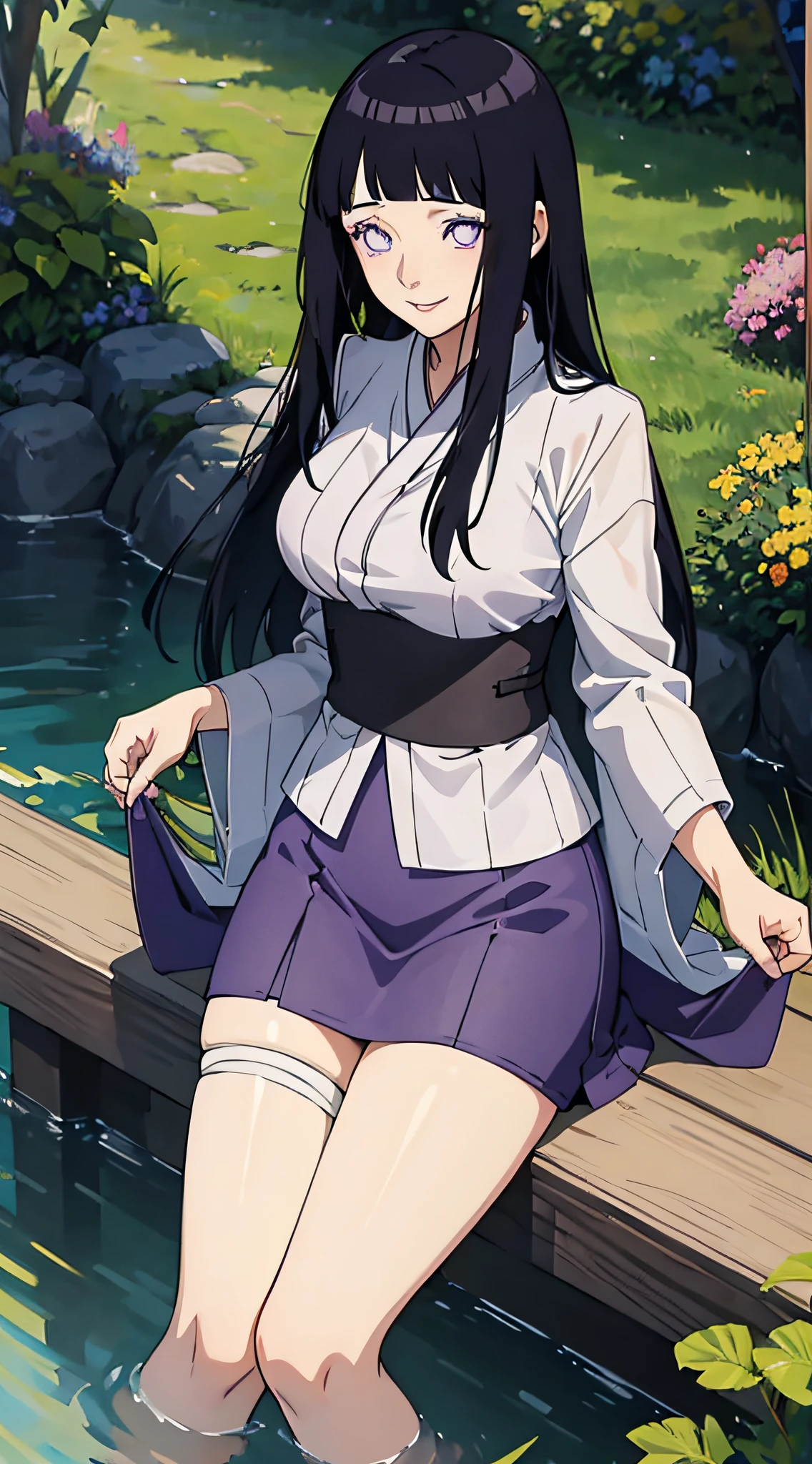 (((masterpiece))), HinataHyuga, 1girl, solo, long hair, looking at viewer, smile, large breasts, black hair, purple eyes, blunt bangs, white eyes, no pupils, 1girl, clothes tug, skirt tug, dress tug, bathhouse, partially submerged, white kimono,, masterpiece, best quality, highly detailed,