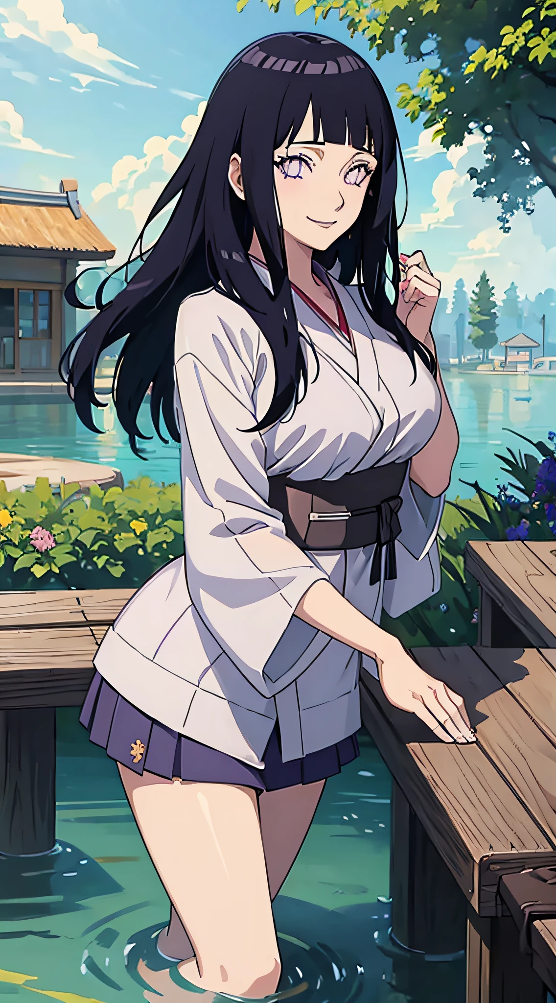 (((masterpiece))), HinataHyuga, 1girl, solo, long hair, looking at viewer, smile, large breasts, black hair, purple eyes, blunt bangs, white eyes, no pupils, 1girl, clothes tug, skirt tug, dress tug, bathhouse, partially submerged, white kimono,, masterpiece, best quality, highly detailed,