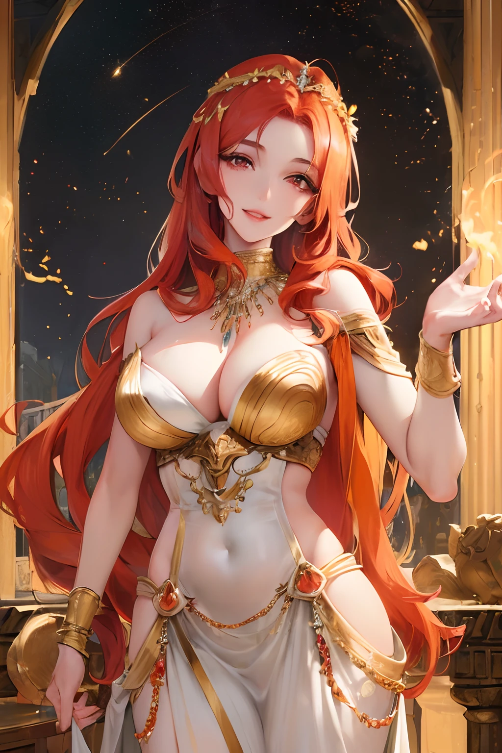 Official art, master piece, sharp focus, (beautiful Greek woman, mature, MILF, Handsome :1.3), (beautiful handsome:1.3) beauty, Delicate and beautiful hair, eyes and face, realistic, ultra detailed, beautiful girl, particle bright white, (side lighting:1.2), slender, lovely, modest busts (above average) breasts, massive:1.2) and very large hips, toothy smile, ((smile with eyes, open both eyes)), posing , Mount Olympus, Greek pantheon, Alone, Flames in the background, long red hair (Orange tone), straight, Facial expression, maternal, modest, sexy, dynamic hair, red eyes (Fire color), shiny, (dressed conservatively, without show very, full, white, golden details), ((camel)), pale skin, hair ornament,