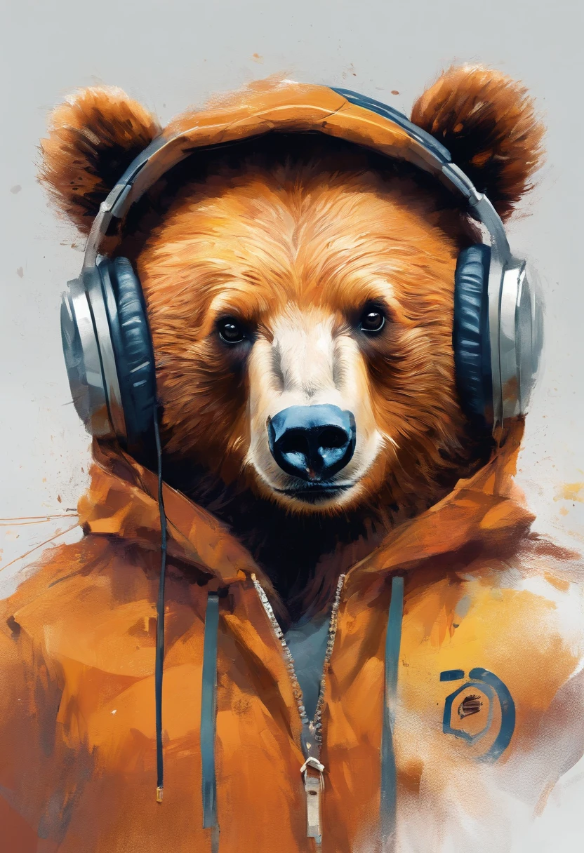 Perfect centering, A cute little bear, Wear a student team jacket, Wearing sunglasses, Wearing headphones, cheerfulness, Standing position, Abstract beauty, Centered, Looking at the camera, Facing the camera, nearing perfection, Dynamic, Highly detailed, smooth, Sharp focus, 8K, high definition resolution, illustration, Art by Carne Griffiths and Wadim Kashin, White background