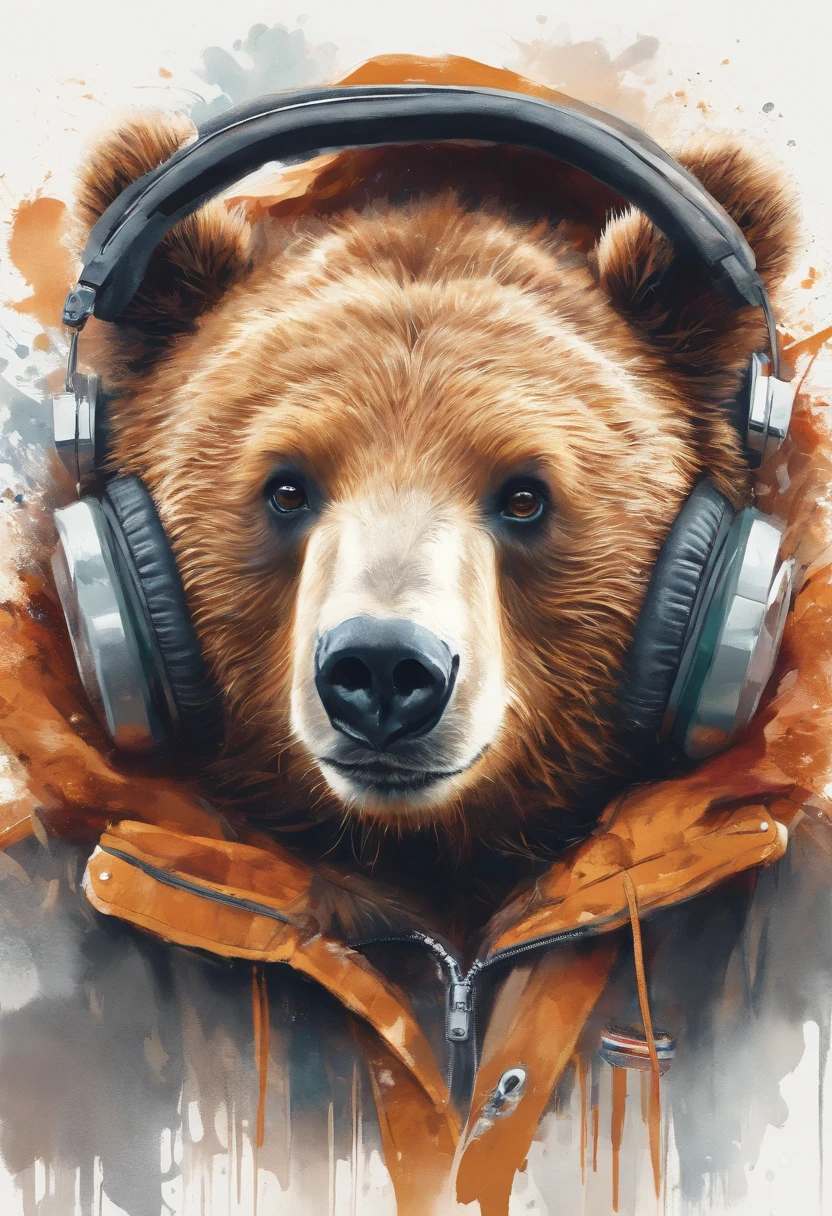 Perfect centering, A cute little bear, Wear a student team jacket, Wearing sunglasses, Wearing headphones, cheerfulness, Standing position, Abstract beauty, Centered, Looking at the camera, Facing the camera, nearing perfection, Dynamic, Highly detailed, smooth, Sharp focus, 8K, high definition resolution, illustration, Art by Carne Griffiths and Wadim Kashin, White background
