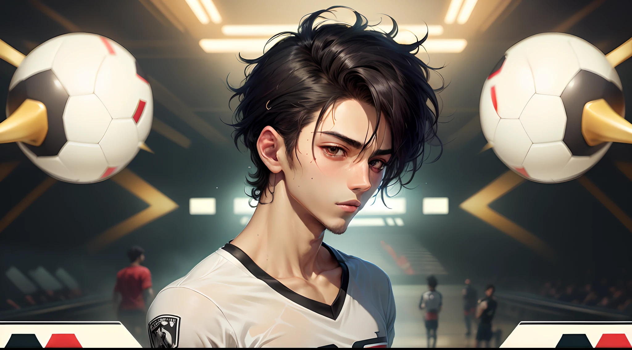 Make me a Syrien soccer Anime Boy with black Hair and White skin and the T-Shirt has a sabona name