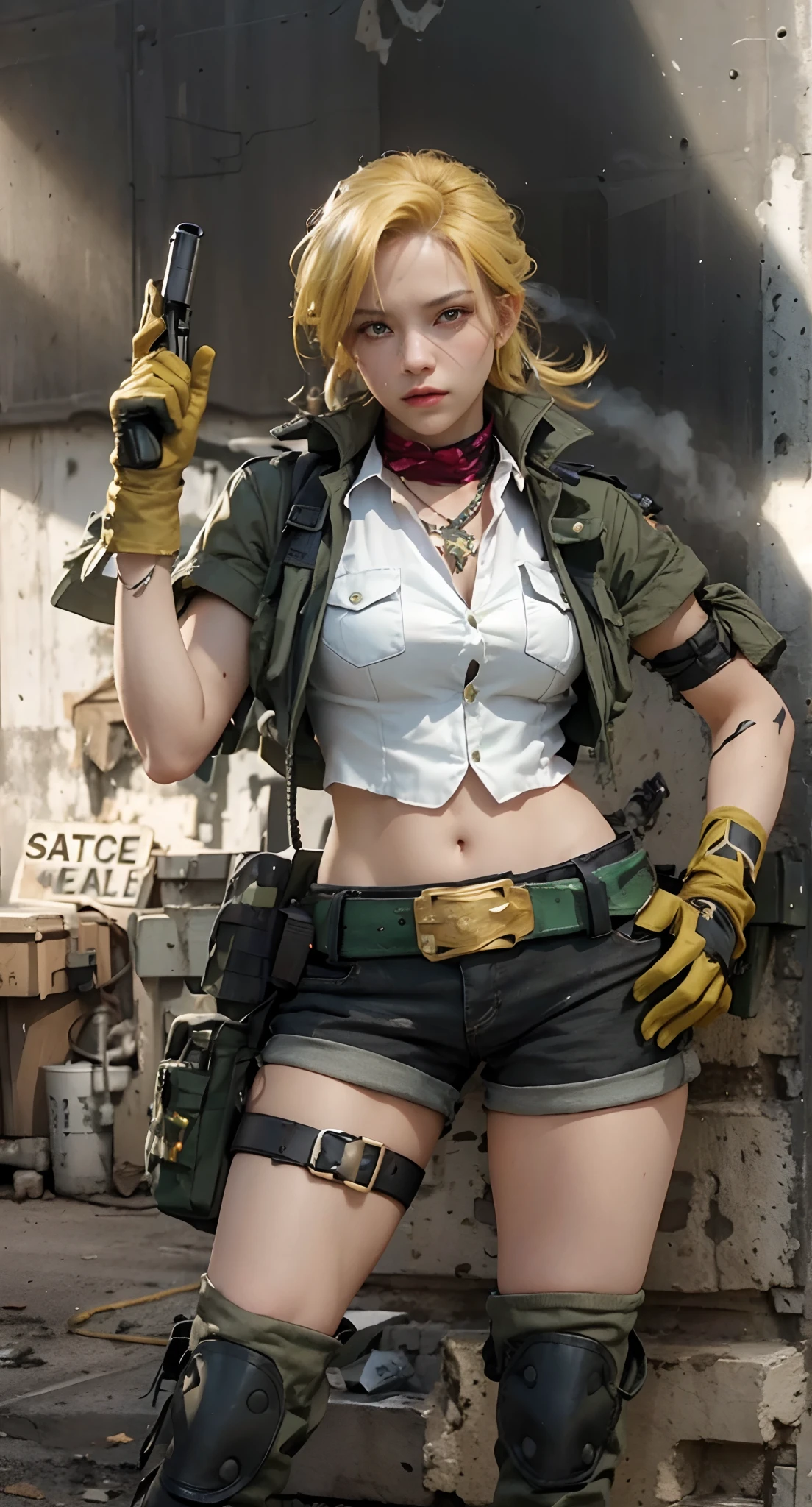 Real life adaption of this character, beauty face,looking to viewer,realistic same yellow hair,realistic battlefield background with black smoke, hyper realistic, realistic light, realistic shadow, realism,(photorealistic:1.2), (realistic same outfit), realistic same accecories , holding pistol,wear green bandana,same belt,same gloves,same white necklace