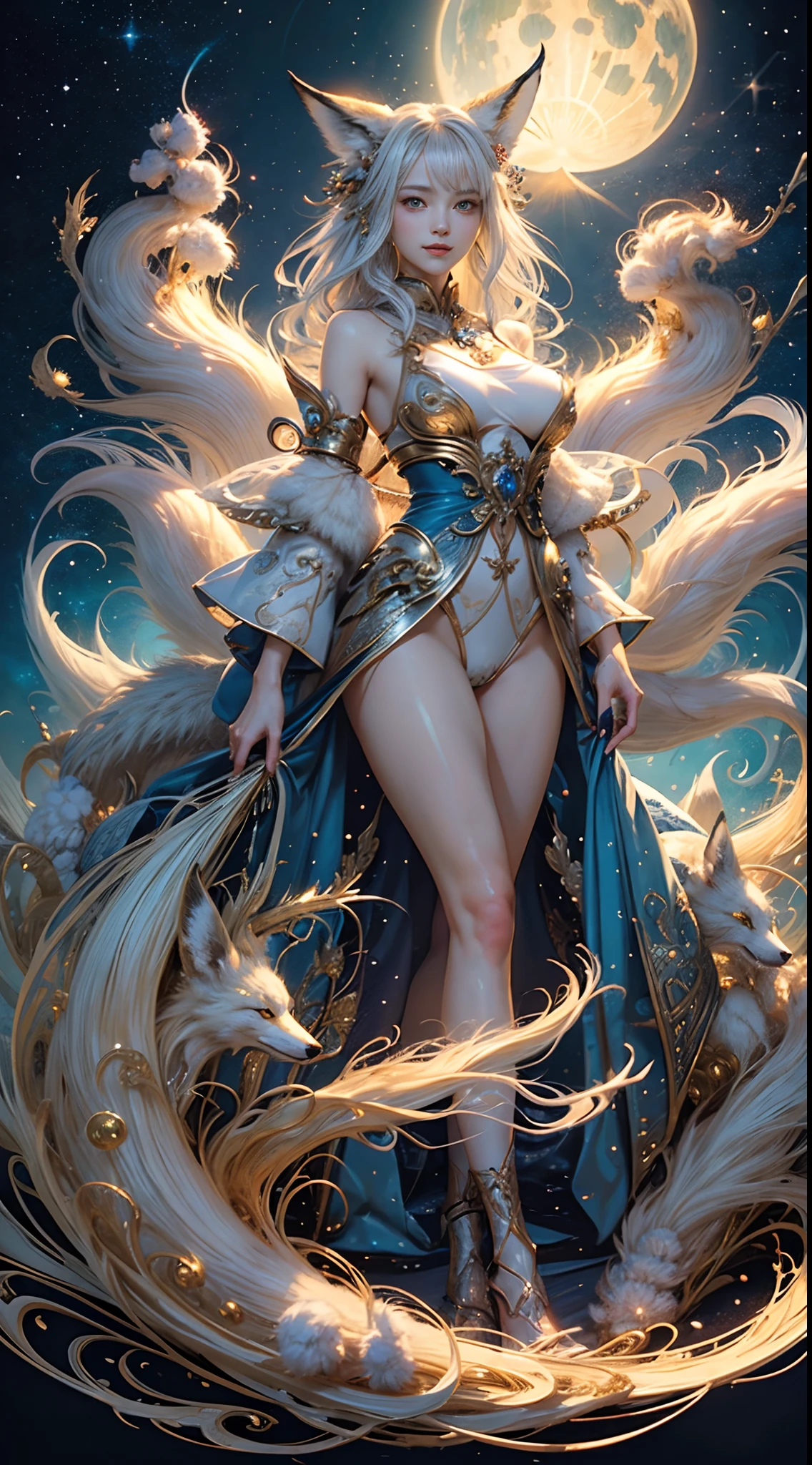 (​masterpiece、top-quality、top-quality、Official art、Beautifully Aesthetic:1.2)、(1girl in)、Highly detailed、(Fractal Art:1.3)、colourfull、highest details, (Nine-Tailed Fox:1.2), 9 White, Black fox ears, Foxes inspired by Japan's divinity, Transparent clothes of fantastic celestial warriors, Elaborately embellished with gold, Fantasy Japan Background, Soft smile, ultra-sexy, Big breasts, anatomically, Fine wraist with large defined hips, Soft expression, A smile, Silver hair, Wave, Facing the front, Hair is spreading