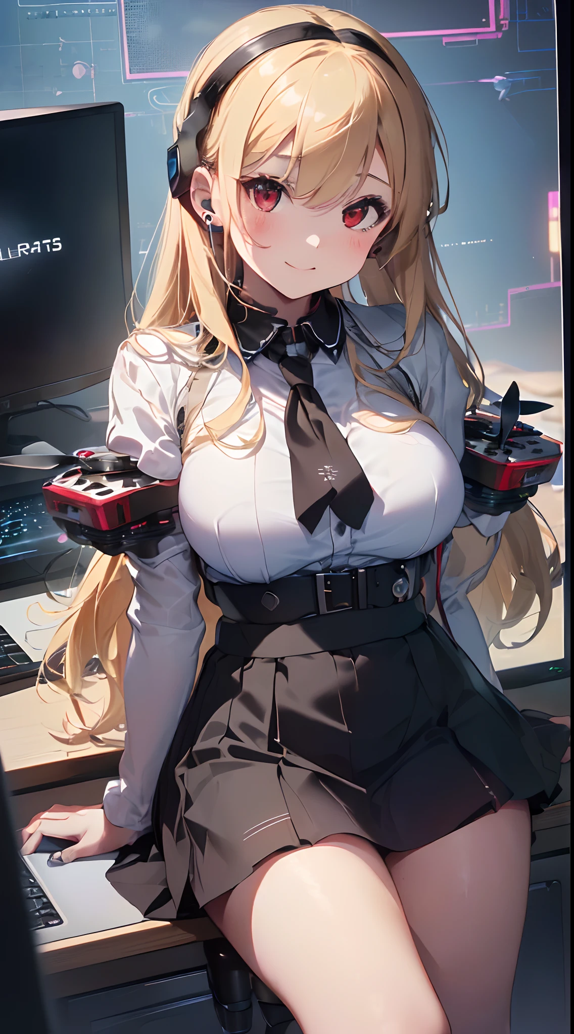 top-quality、Top image quality、​masterpiece、girl with((Beautiful fece、20yr old、Best Bust、big bast、Bust 85,Red eyes to issue、Breasts wide open,Valley、Blonde long hair、A slender、Disheveled black Y-shirt、a black skirt、Black spats,sit a chair、Large valleys、A slight smil、Happiness、Wireless Earphones）hiquality、Beautiful Art、Background with((Cyber Laboratories,Many flying drones、darkened room、Retro Laptops)),Depth((Numerous monitors))masutepiece、Elaborate design、visualart、depth of fields、