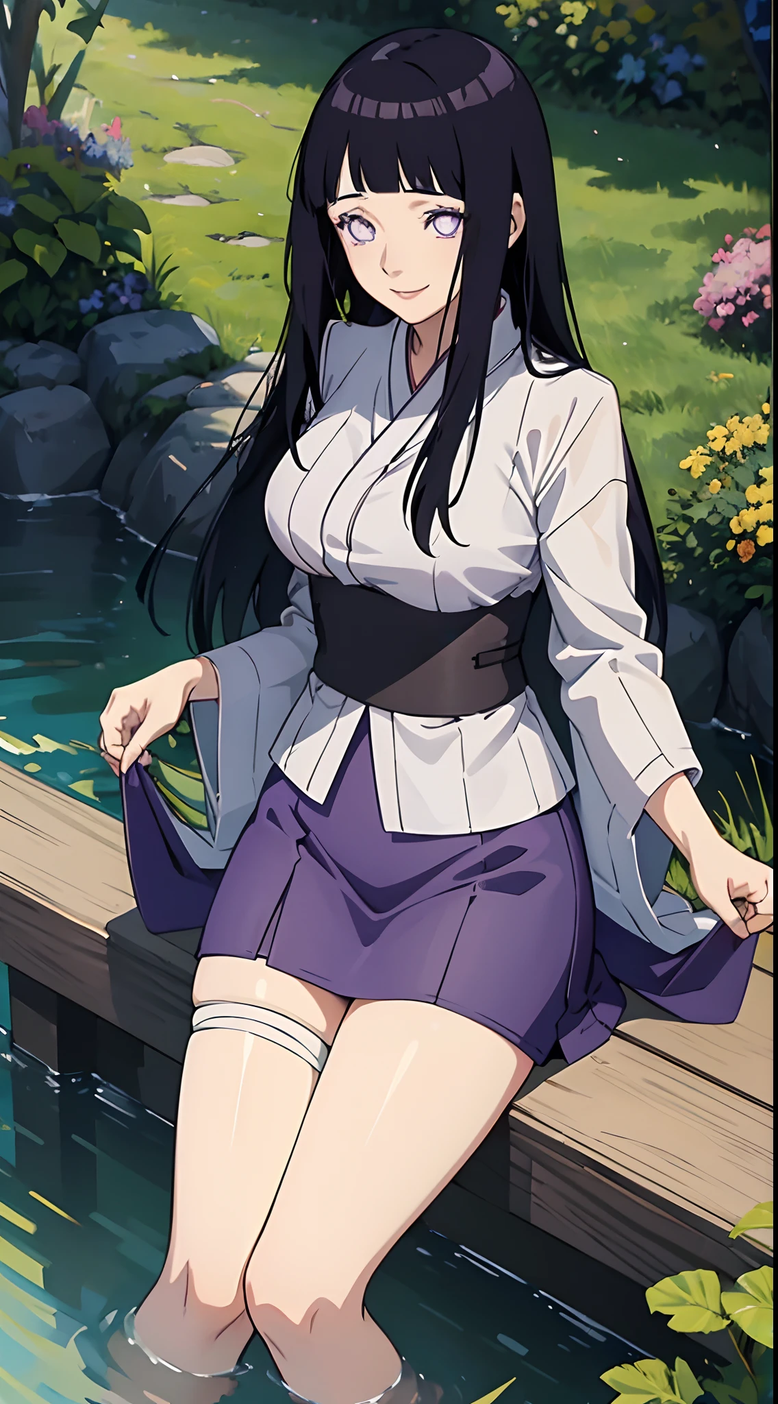 (((masterpiece))), HinataHyuga, 1girl, solo, long hair, looking at viewer, smile, large breasts, black hair, purple eyes, blunt bangs, white eyes, no pupils, 1girl, clothes tug, skirt tug, dress tug, bathhouse, partially submerged, white kimono,, masterpiece, best quality, highly detailed,