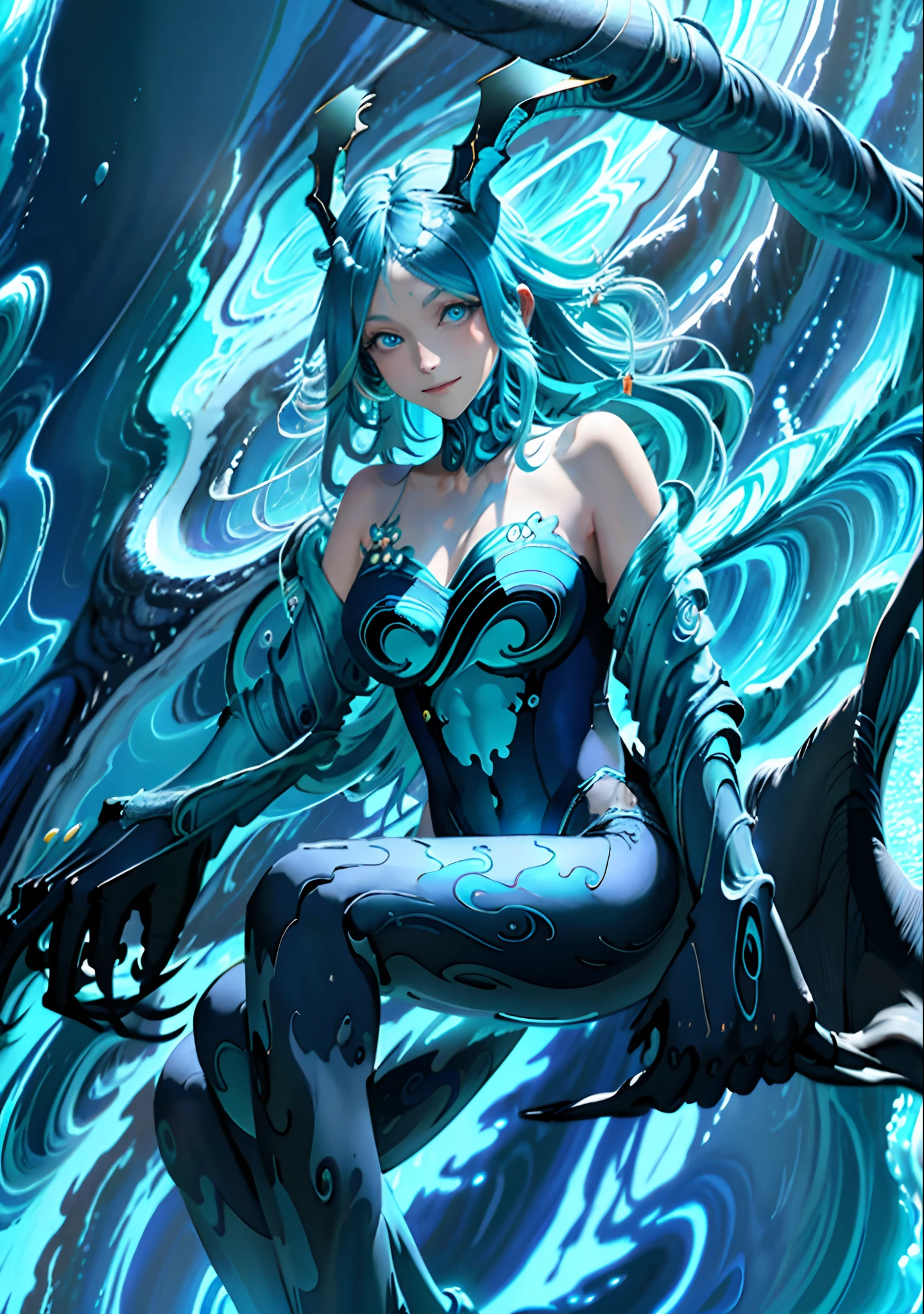 The whole body is covered with blue liquid,exposing her chest,Blue liquid,Beautuful Women,high-heels,blacksilk,Purple eye,are standing,Raised sexy,Cocked buttocks,Long-legged beauty,Thin leg,Mucus gets into the butt