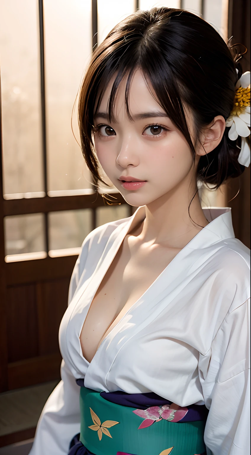 (masutepiece, Best Quality:1.4), Beautiful face, 8K, 85 mm, absurderes, (floral pattern yukata:1.4), The upper part of the body, Exposing breasts、 violaceaess, gardeniass, Delicate girl, Solo, Night, Looking at Viewer, Upper body, Film grain, chromatic abberation, Sharp Focus, face lights, Professional Lighting, Sophisticated, (Smile:0.4), cleavage, (Simple background, Bokeh background:1.2), Detail Face