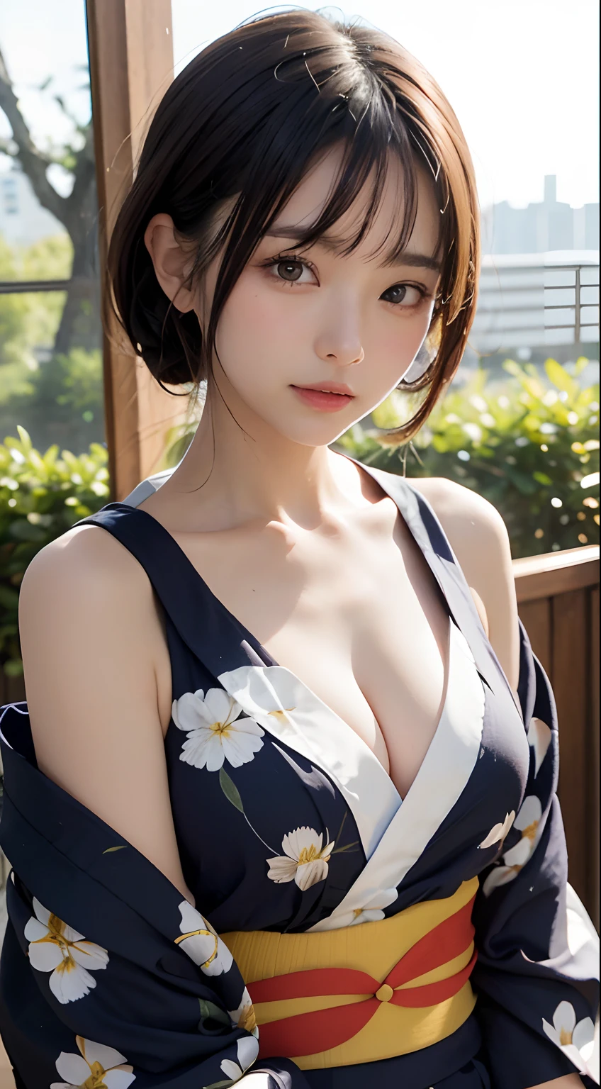 (masutepiece, Best Quality:1.4), Beautiful face, 8K, 85 mm, absurderes, (floral pattern yukata:1.4), The upper part of the body, Exposing breasts、 violaceaess, gardeniass, Delicate girl, Solo, Night, Looking at Viewer, Upper body, Film grain, chromatic abberation, Sharp Focus, face lights, Professional Lighting, Sophisticated, (Smile:0.4), cleavage, (Simple background, Bokeh background:1.2), Detail Face