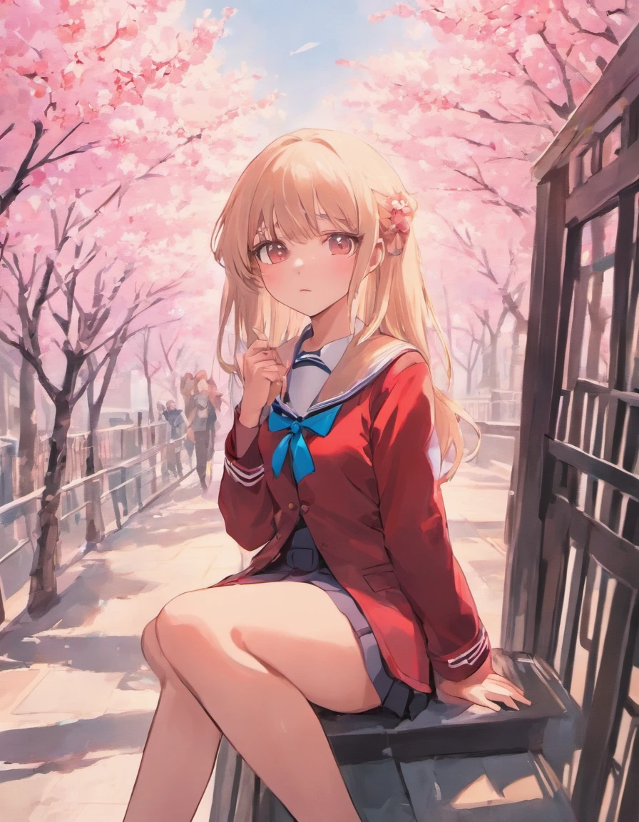 The beautiful girl wearing a school uniform, , has long silver hair, beautiful eyebrows, red pupils, her face is very beautiful, her body parts are very ideal and sexy, her breasts are big but not too big, her thighs are also chubby and thight, her face has a sweet smile, her position is sitting on the terrace of the house overlooking the cherry blossoms on the terrace, and with polite sitting posture