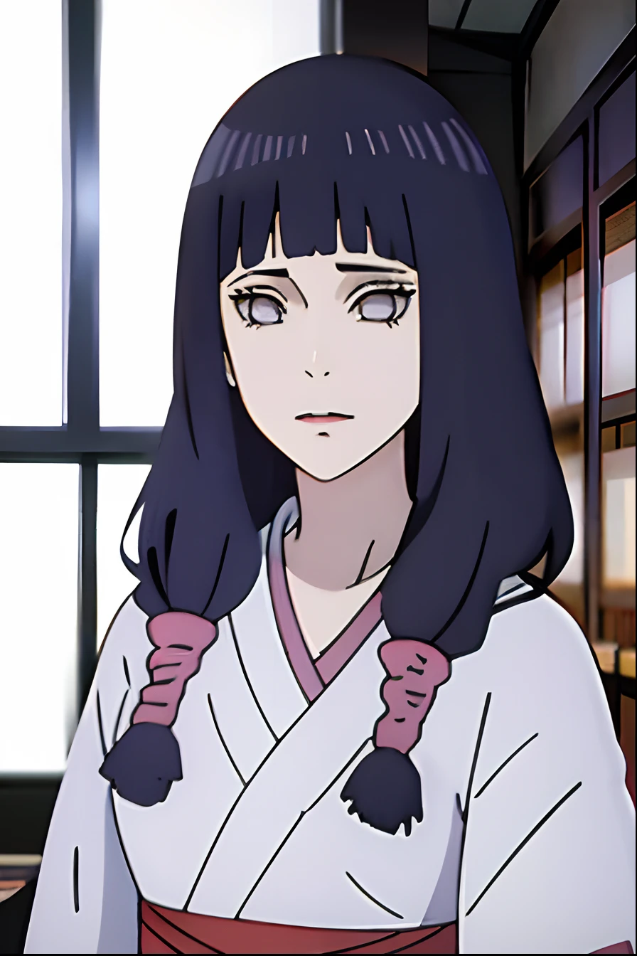 a close up of a person with long hair wearing a white kimono, red hakama, hinata hyuga, anime portrait of hinata hyuga from naruto, hime cut hairstyle, female anime character, anime visual of a cute girl, blunt bangs, dark blue hair, purple eyes