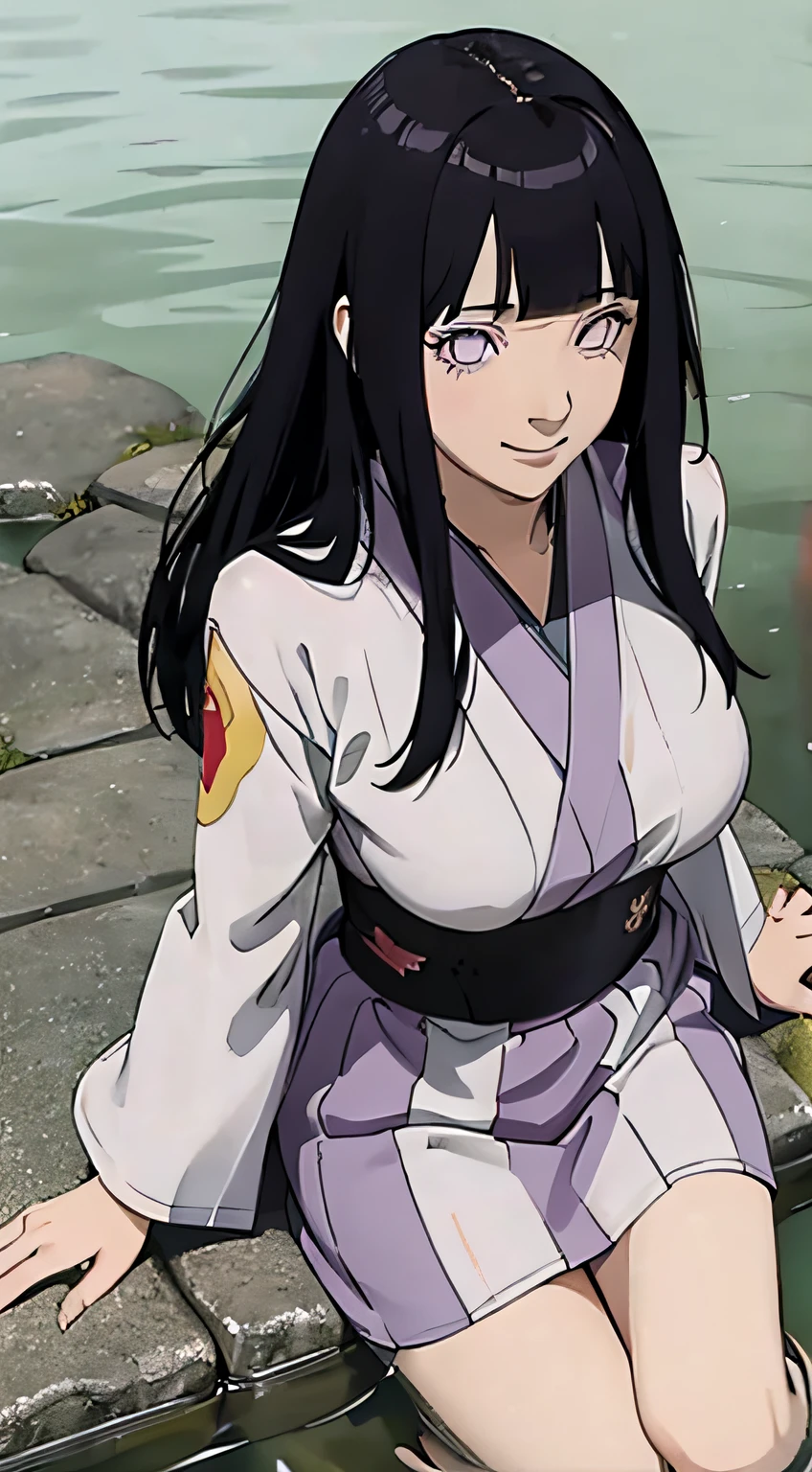 (((masterpiece))), HinataHyuga, 1girl, solo, long hair, looking at viewer, smile, large breasts, black hair, purple eyes, blunt bangs, white eyes, no pupils, 1girl, clothes tug, skirt tug, dress tug, bathhouse, partially submerged, white kimono,, masterpiece, best quality, highly detailed,