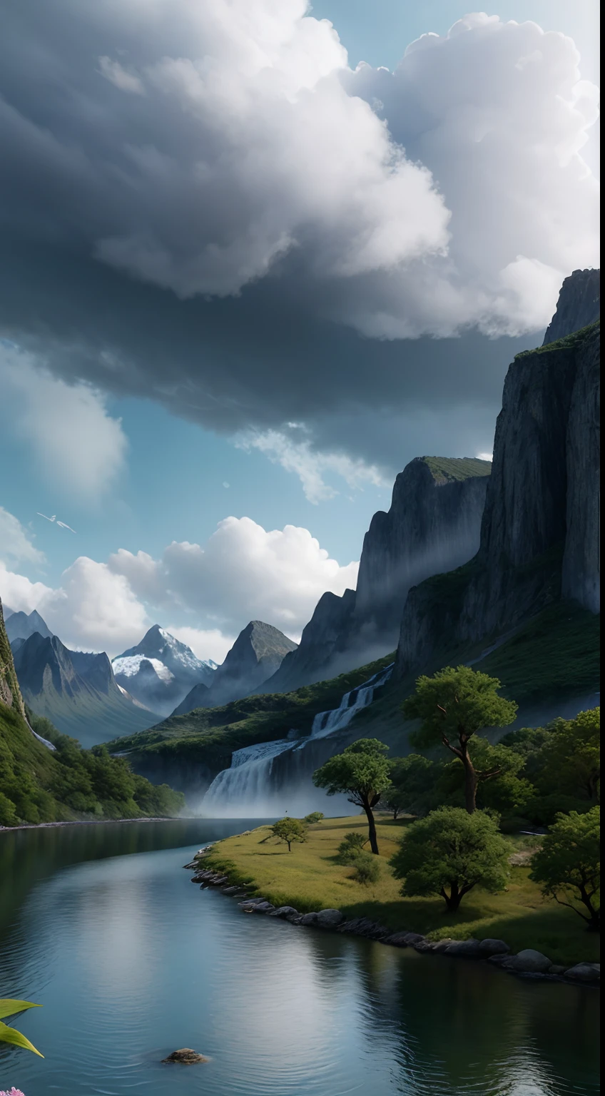 masterpiece, best quality, high quality, extremely detailed CG unity 8k wallpaper, scenery, outdoors, sky, cloud, day, no humans, mountain, landscape, water, tree, blue sky, waterfall, cliff, nature, lake, river, cloudy sky,award winning photography, Bokeh, Depth of Field, HDR, bloom, Chromatic Aberration ,Photorealistic,extremely detailed, trending on artstation, trending on CGsociety, Intricate, High Detail, dramatic, art by midjourney