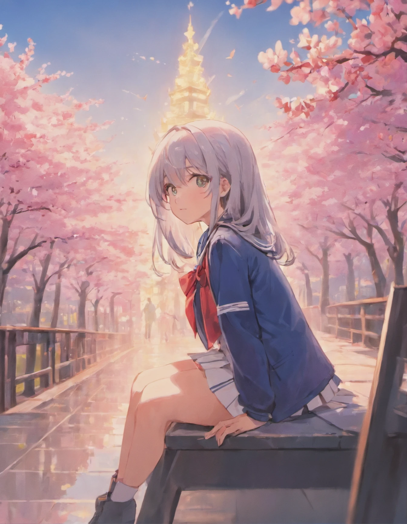 The beautiful girl wearing a school uniform, , has long silver hair, beautiful eyebrows, red pupils, her face is very beautiful, her body parts are very ideal and sexy, her breasts are big but not too big, her thighs are also chubby and thight, her face has a sweet smile, her position is sitting on the terrace of the house overlooking the cherry blossoms on the terrace, and with polite sitting posture