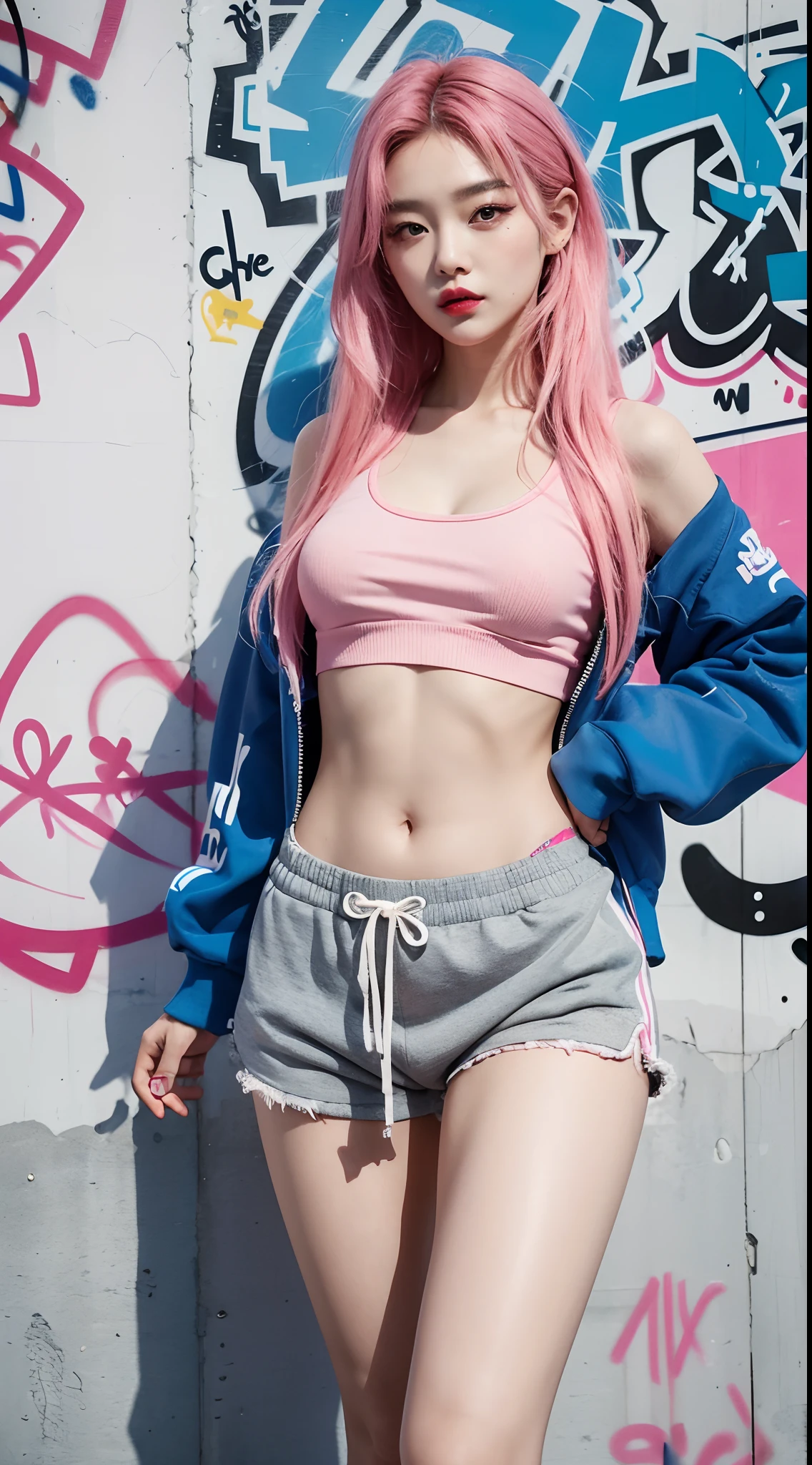 best quality, Clarity, 4k, 8k, detail, actual, Beautiful Girl, Korean makeup, Red lips, pink and blue hair, Perfect body, thigh, stand, pose standing, Pose dynamically for photos, medium chest, Graffiti crop top, pink and blue jogging, graffiti on the skin, Solid graffiti wall background, Graffiti art,