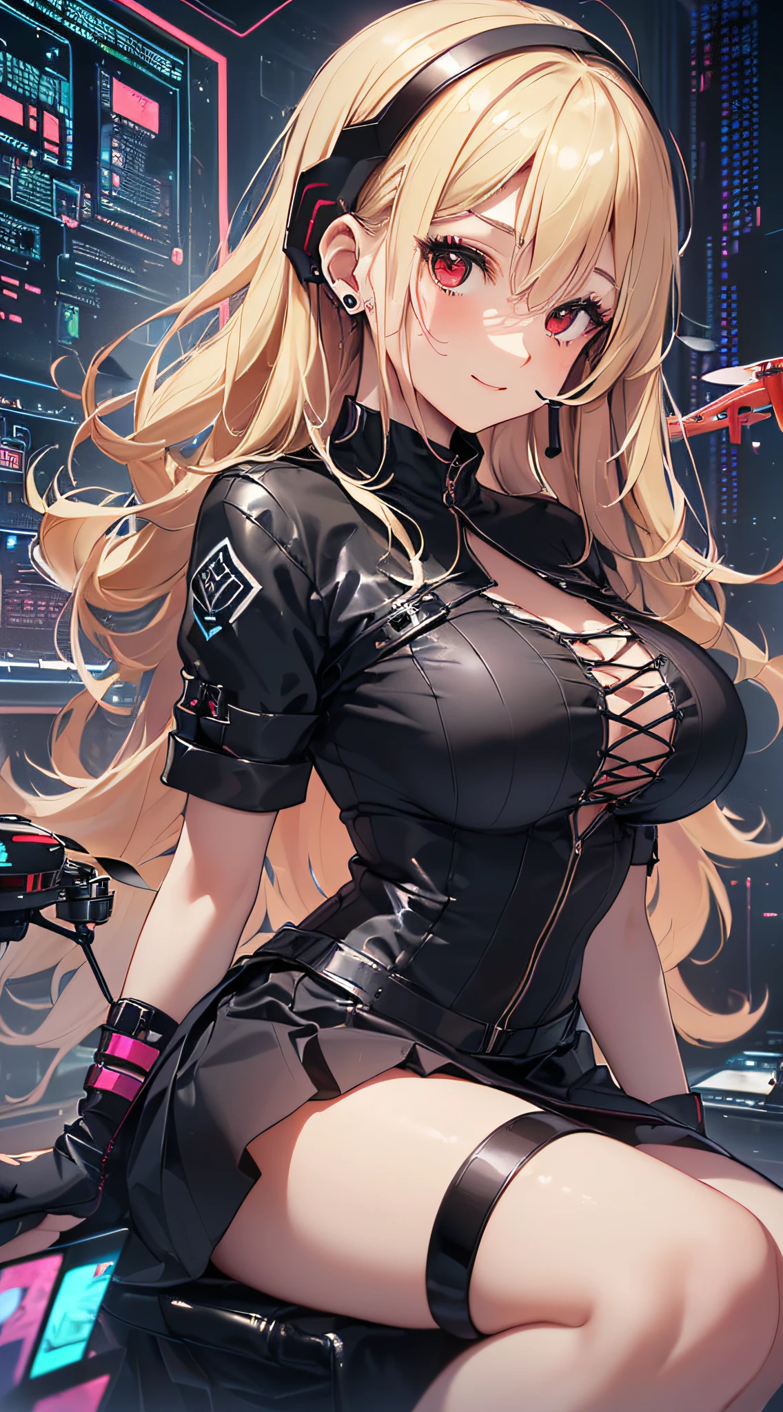 top-quality、Top image quality、masterpiece、girl with((Beautiful fece、20yr old、Best Bust、big bast、Bust 85,Red eyes to issue、Breasts wide open,Valley、Blonde long hair、A slender、Disheveled black Y-shirt、a black skirt、Black spats,sit a chair、Large valleys、A slight smil、Happiness、Wireless Earphones)hiquality、Beautiful Art、Background with((Cyber Laboratories,Many flying drones、darkened room、Retro Laptops)),Depth((Numerous monitors))masutepiece、Elaborate design、visualart、depth of fields、