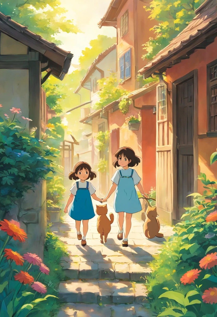 There are two little girls playing with a cat in the backyard, kids book illustration, kids book illustration, Children's Book Illustration, Children's Book Illustration, Children's Book Illustration, kids book illustration, cute storybook illustration, illustration for children, story book illustration, childrens illustration, story book illustration, colorful kids book illustration, A storybook illustration, childrens illustration