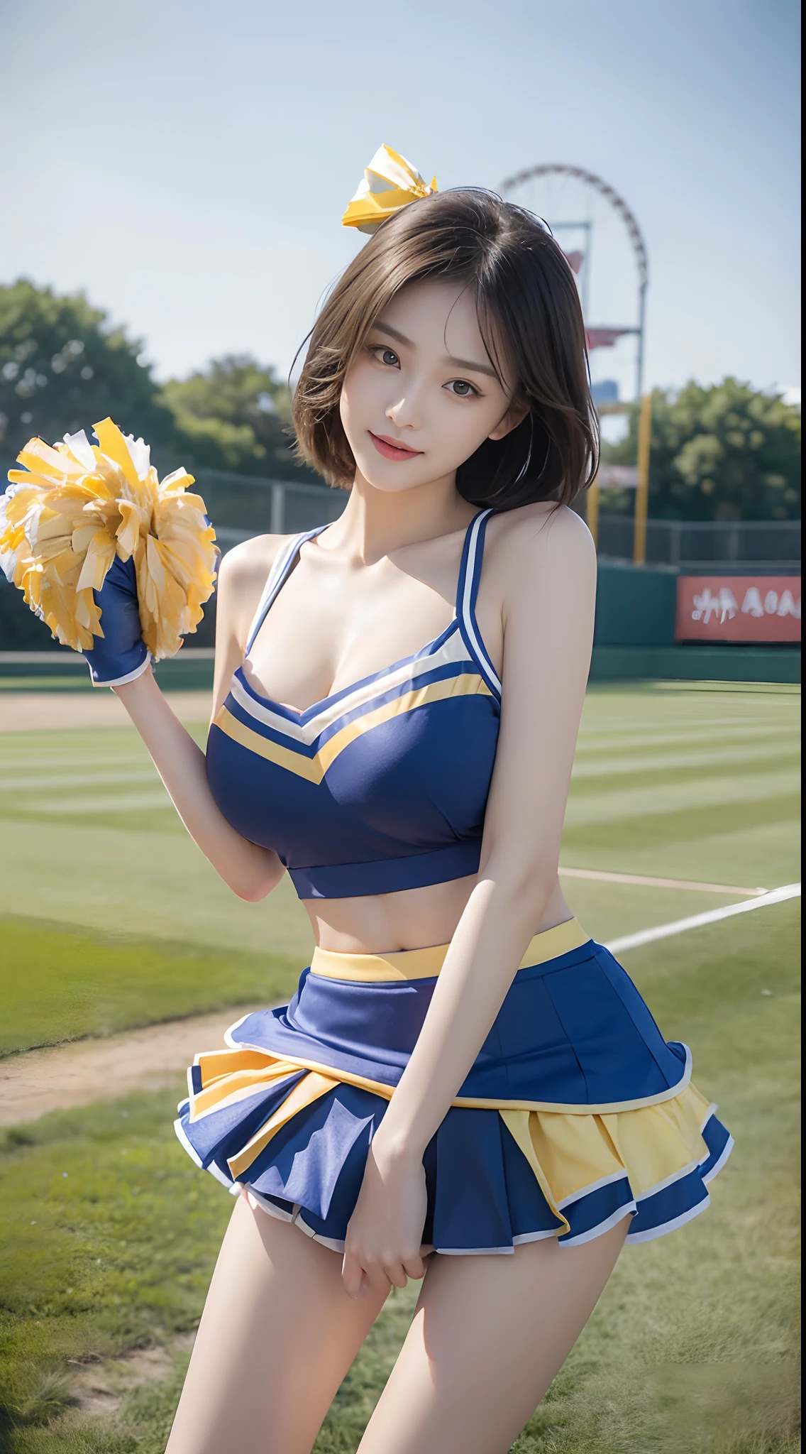 (Photorealcitic:1.4), (The highest image quality:1.0), (超High Resolution A:1.0), 8K, Raw-Photo, (masterpiece:0.2), (pureerosface_v1:0.5)、(Best Quality Detail:1.2)、realisitic、8K UHD、Hight Resolution、(1girll:1.2)、The ultra-detailliert、High quality textures、delicate detail、The Details、super detailed CG、High quality shadow、Detail : beautiful delicate face、Detail : beautiful delicate eyes、depth of fields、Ray traching,1girll, beautiful skin, face the front, skyporn, magic hour, (realisitic:1.3), finelydetail, (Photorealistic:1.1), (Best Quality), (intriciate detail), (extra huge breasts,Very big breasts:1.4), (bright hair), (Very small face) (Very short and light hair) (Beautiful smile), sexy legs, slim waist, parted lips, An amusement park with a view of the blue sky, Looks happy on the baseball field, Cheerleader Outfit, s, Wearing sneakers, Dressed in a cheerleader costume, (Ergonomic), (cheerleader:1.4), Fluorescent color,