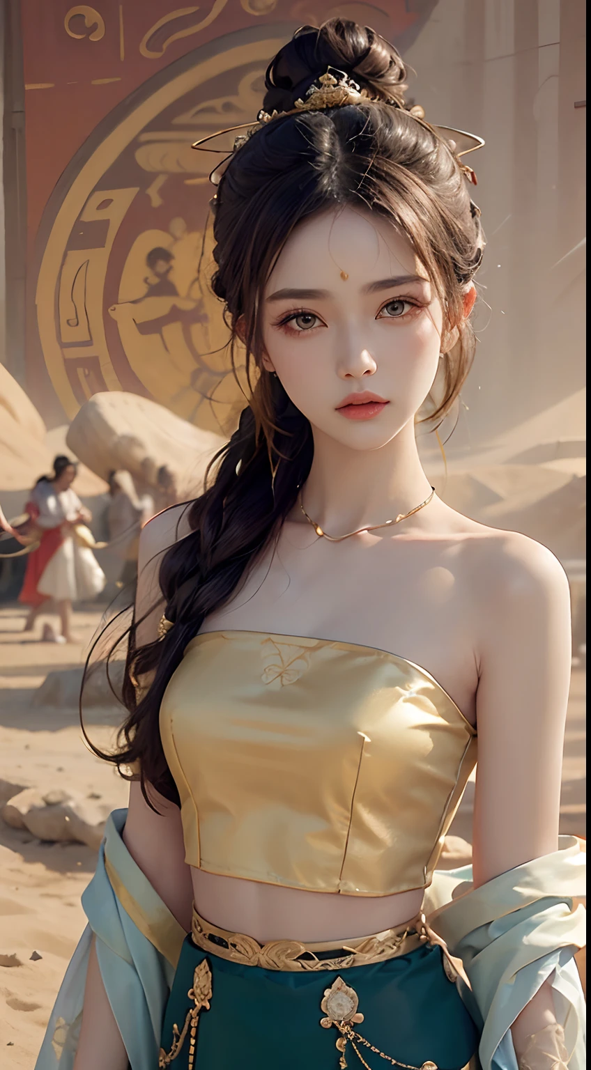 (RAW, Best Quality), Realistic, (Photorealistic Real: 1.3), Best Quality, High Detail, Masterpiece, Extremely detailed, Illustration, 1 25 year old goddess, upper body , Dynamic Angle, mess_long_hair, Best Quality, 8k Wallpaper, extremely detailed dunhuang uniform, Ink, Amazing, Cinematic Lighting, lens_flare, dunhuang_style dress, Sexy, Crop Top, Delicate Collarbone, Patterned Stockings, Gold Pattern all over her body, an ancient goddess, a hanfu-style silk ao dai, a silk dune costume, (dunhuang phi-tian style: 1.8) (fiction dunhuang landscape: 1.8), face beautiful and detailed makeup, thin black eyebrows, detailed eye makeup, big round yellow eyes, high nose, hair in a bun, jewelry on the head and neck, big and regular breasts, round hand on the wrist, jewelry on the goddess dune's shirt, small tattoo in the middle of the goddess dune,
