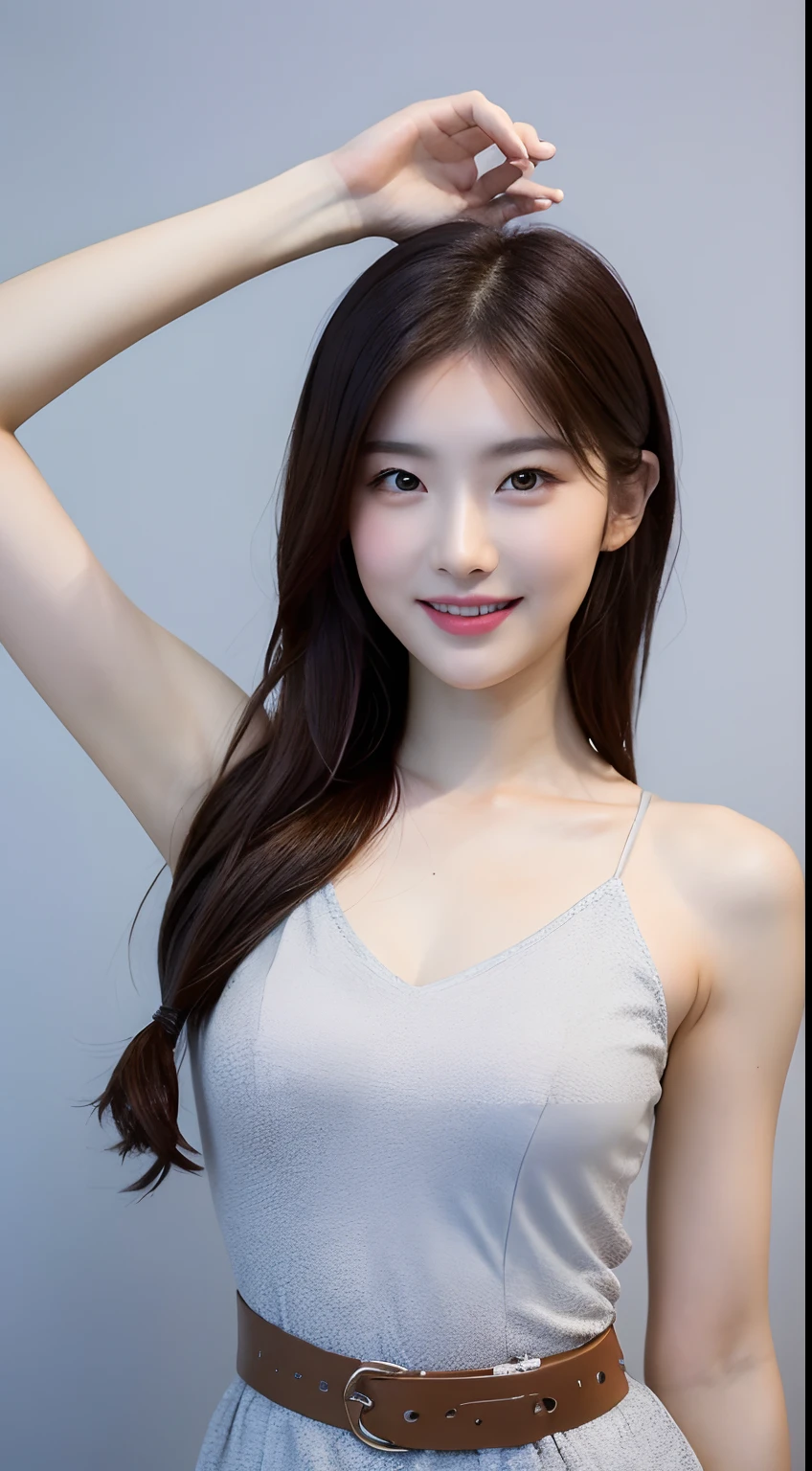 ((Best picture quality, 8K, tmasterpiece:1.3)), 1girll, Beautiful woman with slender abs:1.3, (Casual hairstyle, :1.2), Sexy dress,Ultra-fine face, A detailed eye, 二重まぶた,Smile with。Take pictures in cute poses,The figure is very bad,tiny small waist,Bigchest,Close-up,Close-up chest,White-skinned,beatiful background
