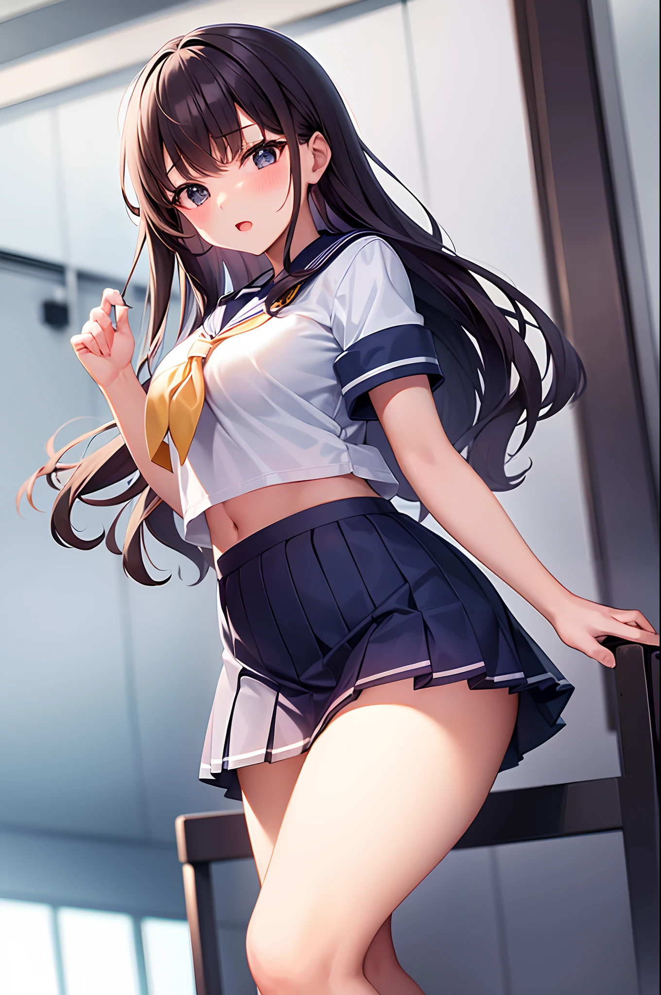 Super Detailed Game CG, (High resolution:1.1),(absurd:1.1), highest quality, High resolution, highest resolution, very detailed, anime, city, building roof, night, starry sky, pretty girl, 1 girl, takane manaka, small breasts, ponytail, hair ribbon, school uniform, serafuku, skirt, bangs, white panties, light smile, sit on the ground, spread your legs, (skirtリフト:1.2), neon light, wind effect, reflection effect, from below