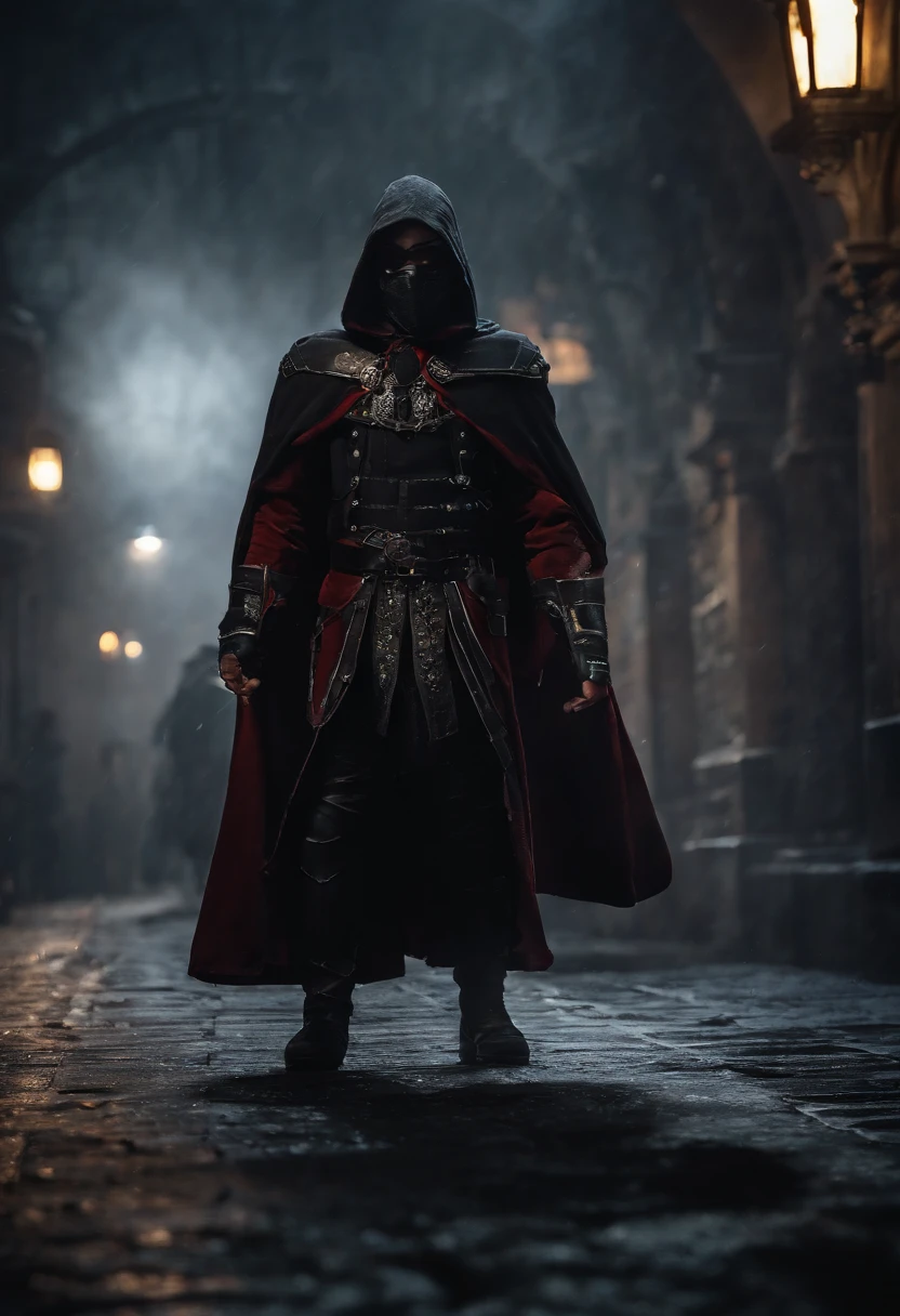 (ultra-detailed CG unit 8k wallpaper, Master parts, Best quality, depth of fields, hdr), 1boy, anime character, short silver hair, long black cape, turtleneck, serious, mask in the eyes, The mask is painted with a scary smile, white mask, The mask fits the face just right, on top of a old town (night) , vigilant, trained physique, assassin style, black clothing all over the body, agile, light armor, anime (Master parts: 1.4) (illustration: 1.4), Red studio lighting, Post-processing, 8K resolution, deep dark background, imponent, Well-composed photos, Impressive, (darken: 1.5)
