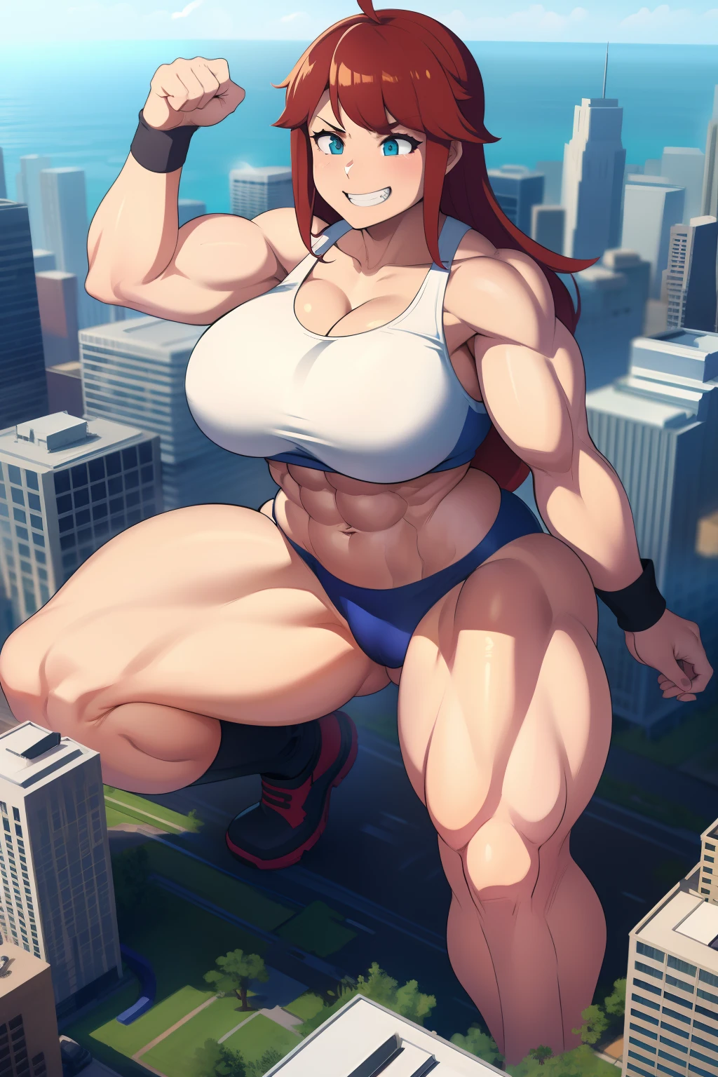 GTS, giantess, curvy, , grin, evil, thick thighs, abs, flexing, aerial view