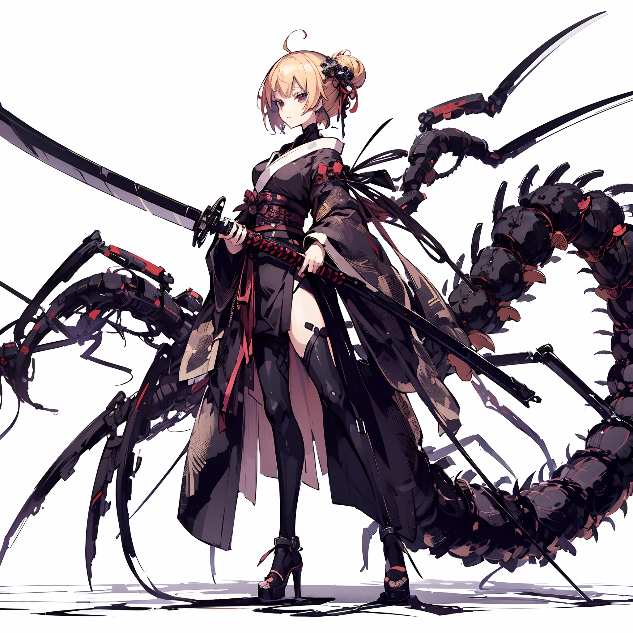 (masutepiece, Best Quality), (Perfect female body:1.2), Ultra-detailed, Anime style, Solo, Priestess in Cyberdress、With a huge giant sword, Cyberpunk Ninja Girl, ash blond hair, huge many branched centipede tails,,,,, White background, Whole body. Standing in the wasteland