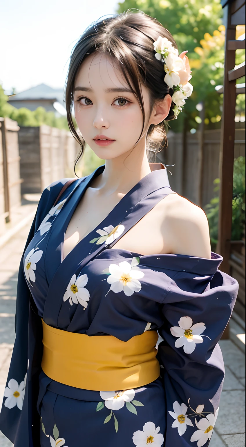 (masutepiece, Best Quality:1.4), Beautiful face, 8K, 85 mm, absurderes, (floral pattern yukata:1.4), The upper part of the body, Exposing breasts、 violaceaess, gardeniass, Delicate girl, Solo, Night, Looking at Viewer, Upper body, Film grain, chromatic abberation, Sharp Focus, face lights, Professional Lighting, Sophisticated, (Smile:0.4), cleavage, (Simple background, Bokeh background:1.2), Detail Face