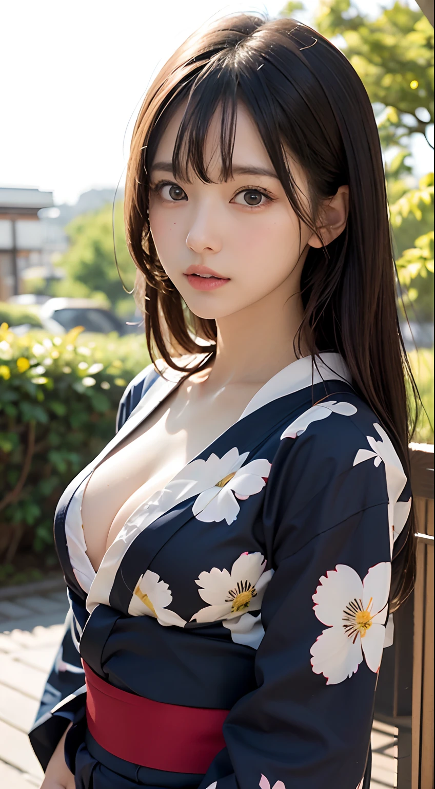 (masutepiece, Best Quality:1.4), Beautiful face, 8K, 85 mm, absurderes, (floral pattern yukata:1.4), The upper part of the body, Exposing breasts、 violaceaess, gardeniass, Delicate girl, Solo, Night, Looking at Viewer, Upper body, Film grain, chromatic abberation, Sharp Focus, face lights, Professional Lighting, Sophisticated, (Smile:0.4), cleavage, (Simple background, Bokeh background:1.2), Detail Face