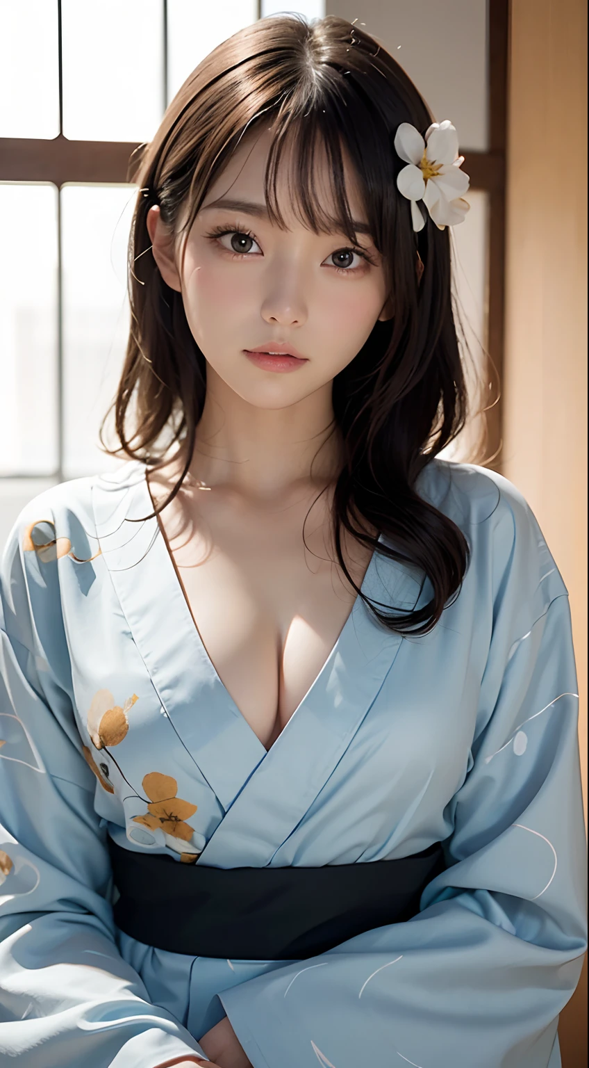 (masutepiece, Best Quality:1.4), Beautiful face, 8K, 85 mm, absurderes, (floral pattern yukata:1.4), The upper part of the body, Exposing breasts、 violaceaess, gardeniass, Delicate girl, Solo, Night, Looking at Viewer, Upper body, Film grain, chromatic abberation, Sharp Focus, face lights, Professional Lighting, Sophisticated, (Smile:0.4), cleavage, (Simple background, Bokeh background:1.2), Detail Face