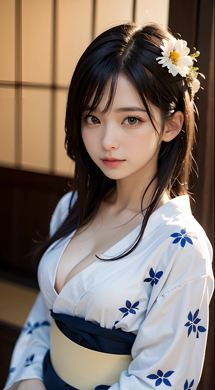 (masutepiece, Best Quality:1.4), Beautiful face, 8K, 85 mm, absurderes, (floral pattern yukata:1.4), The upper part of the body, Exposing breasts、 violaceaess, gardeniass, Delicate girl, Solo, Night, Looking at Viewer, Upper body, Film grain, chromatic abberation, Sharp Focus, face lights, Professional Lighting, Sophisticated, (Smile:0.4), cleavage, (Simple background, Bokeh background:1.2), Detail Face
