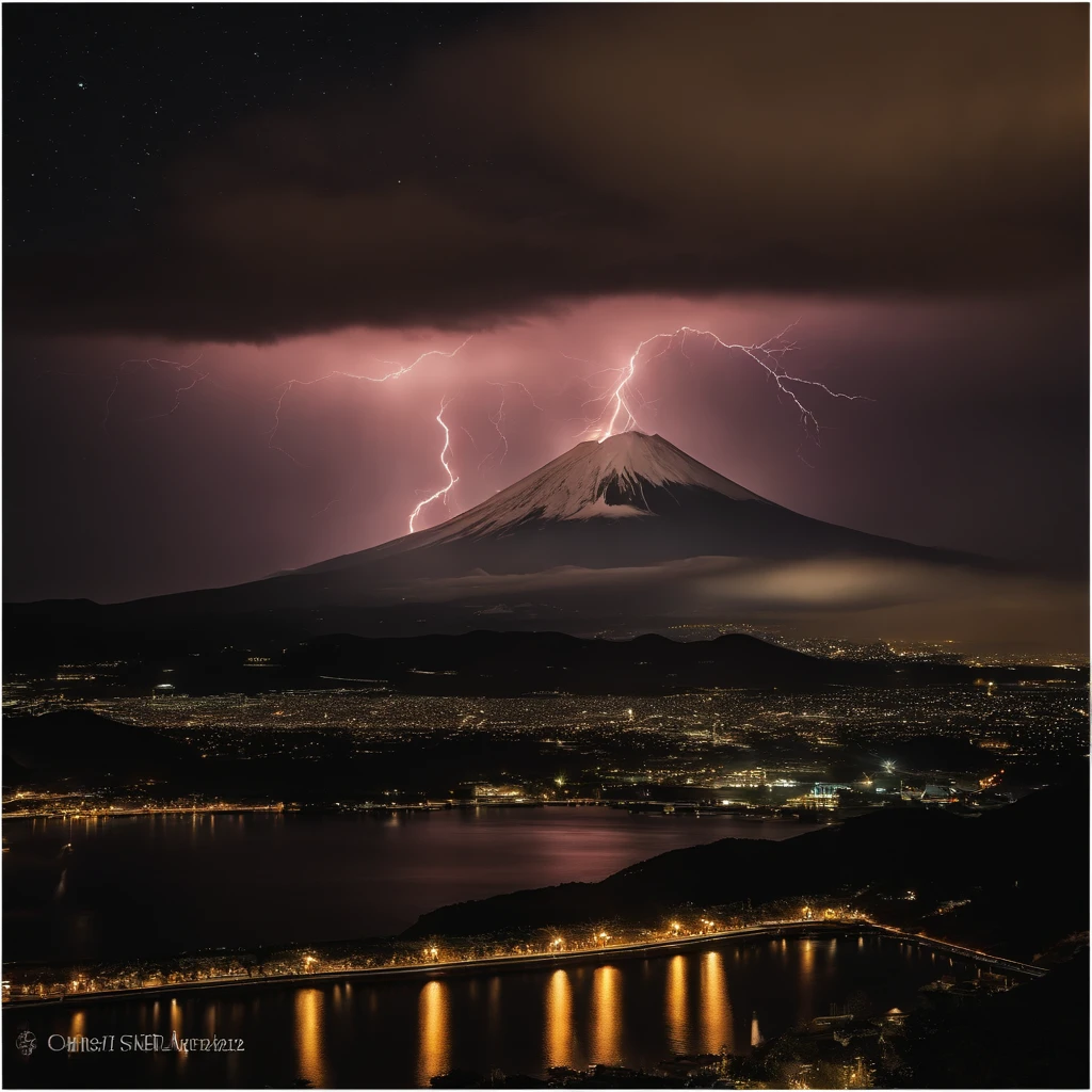 Master Parts、Superior Quality、superior image quality、The 8k quality、Beautiful pictures of the starry sky、magnifica、(Mt fuji:1.25)、dramatic cloud:1.5、Numerous lightning strikes:1.9