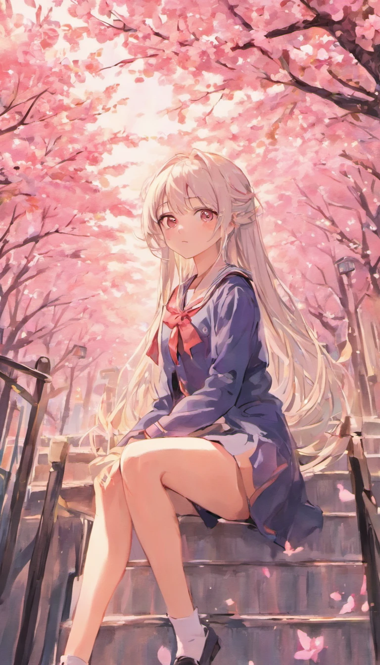 The beautiful girl wearing a school uniform, , has long silver hair, beautiful eyebrows, red pupils, her body parts are very ideal and sexy, her breasts is big,her thighs are also chubby, her face has a sweet smile, her position is sitting on the terrace of the house overlooking the cherry blossoms on the terrace, and with polite sitting posture