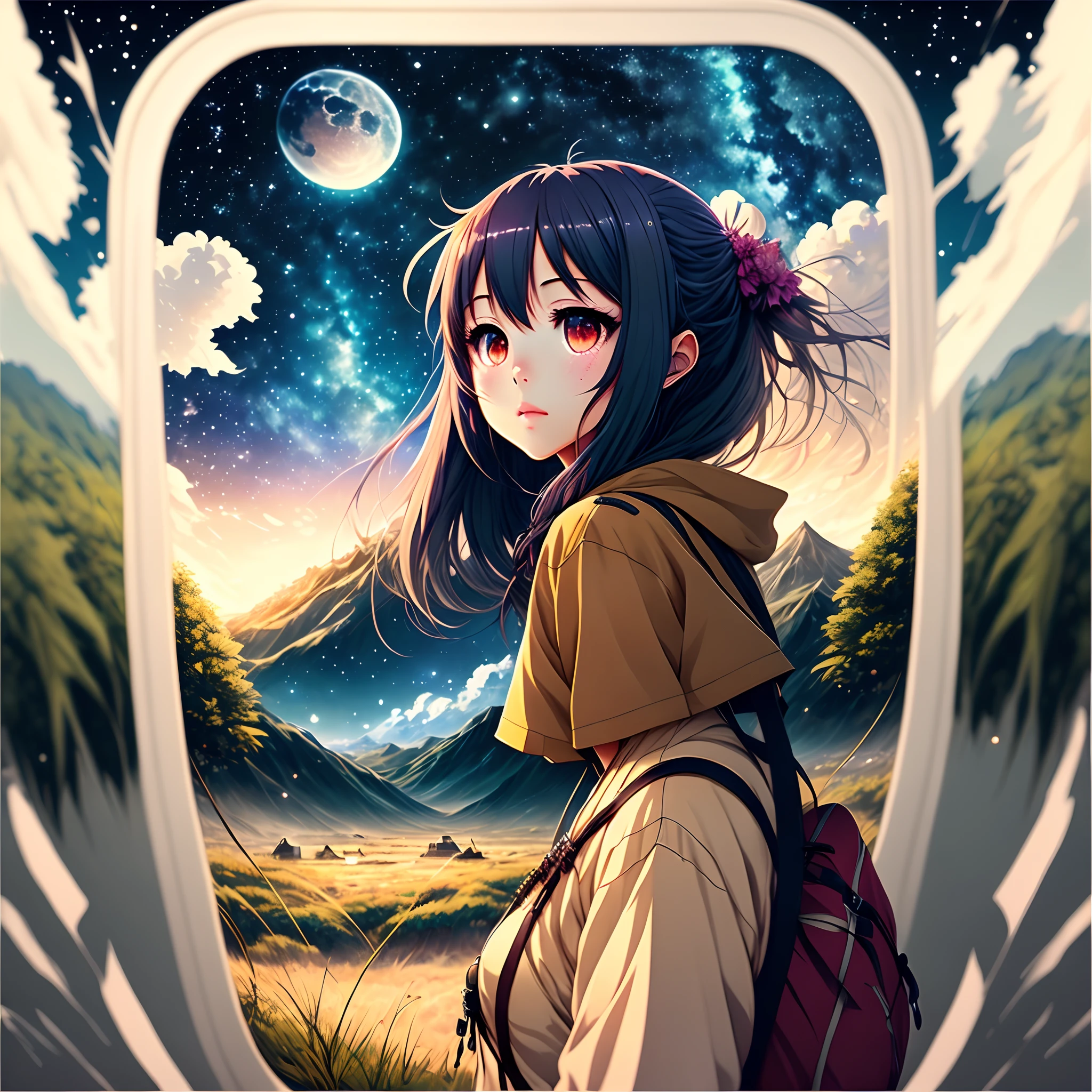 Anime, backrgound, nature, realistic, girl, nightsky