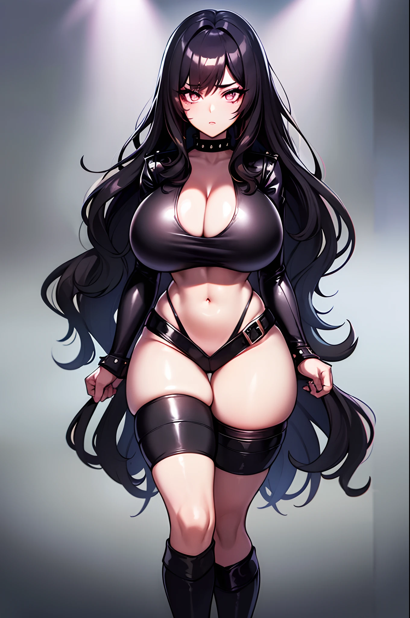 Close up shot of a 22yo woman, long wavy brunette hair, studded black choker, punk thigh high socks, dark eyeshadow, extra long eyelashes, dark eyeliner, thick hips, thick thighs, slim waist, perfect hourglass figure, (large massive boobs:1.3), black studded platform boots, cyber punk shirt, torn jeans, deep cleavage, metallic neon colors & lighting, dynamic shadows, 8k, (HDR:1.4), perfect high res, (realistic texture), realistic metallic neon lighting, cinematic lighting.