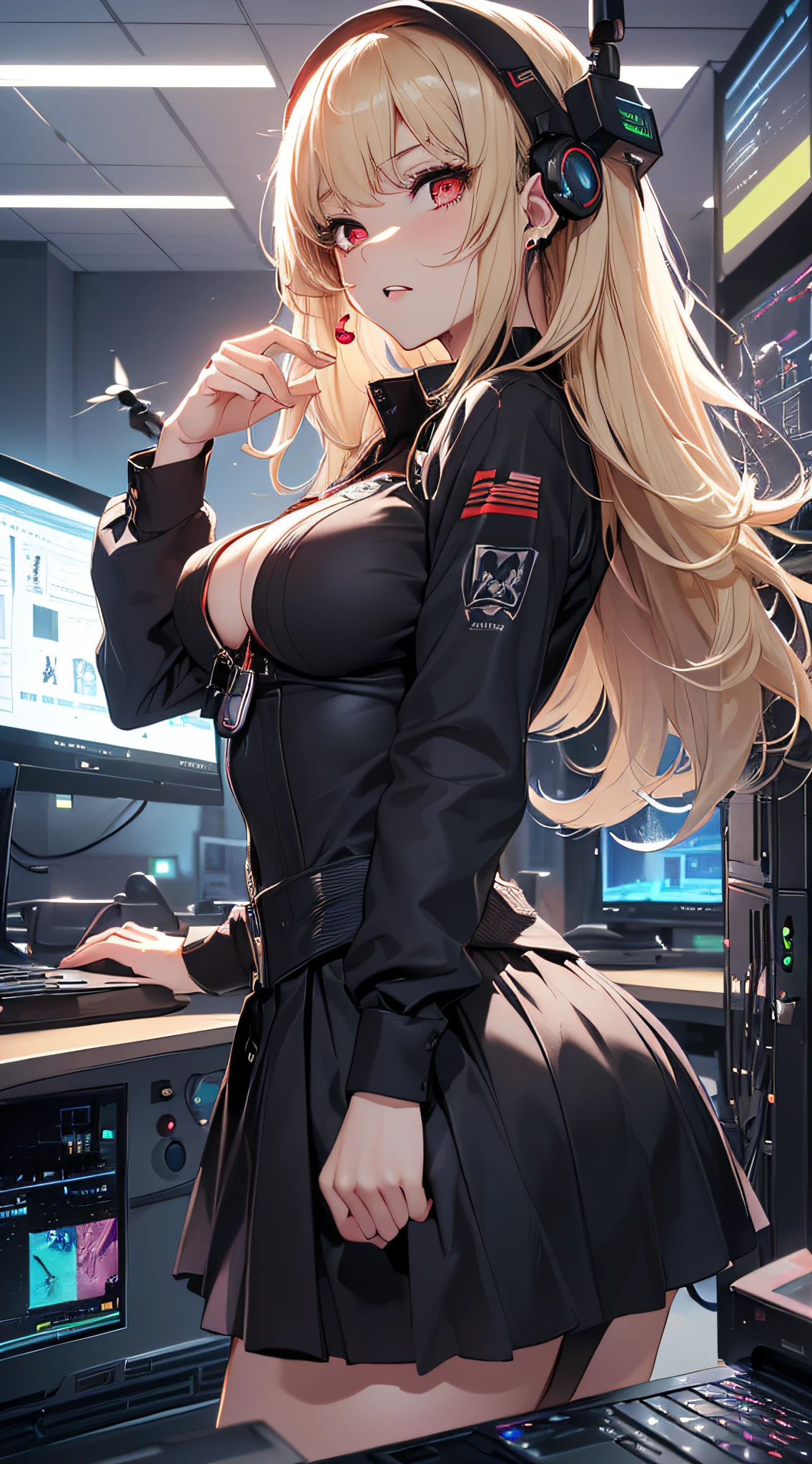 top-quality、Top image quality、​masterpiece、girl with((Beautiful fece、20yr old、Best Bust、big bast、Bust 85,Red eyes to issue、Breasts wide open,Valley、Blonde long hair、A slender、Disheveled black Y-shirt、a black skirt、Black spats、Large valleys、get angry、Happiness、Wireless Earphones,Dark circles in the eyes)）hiquality、Beautiful Art、Background with((Cyber Laboratories,Many flying drones、darkened room、Retro Laptops)),Depth((Numerous monitors))masutepiece、Elaborate design、visualart、depth of fields、