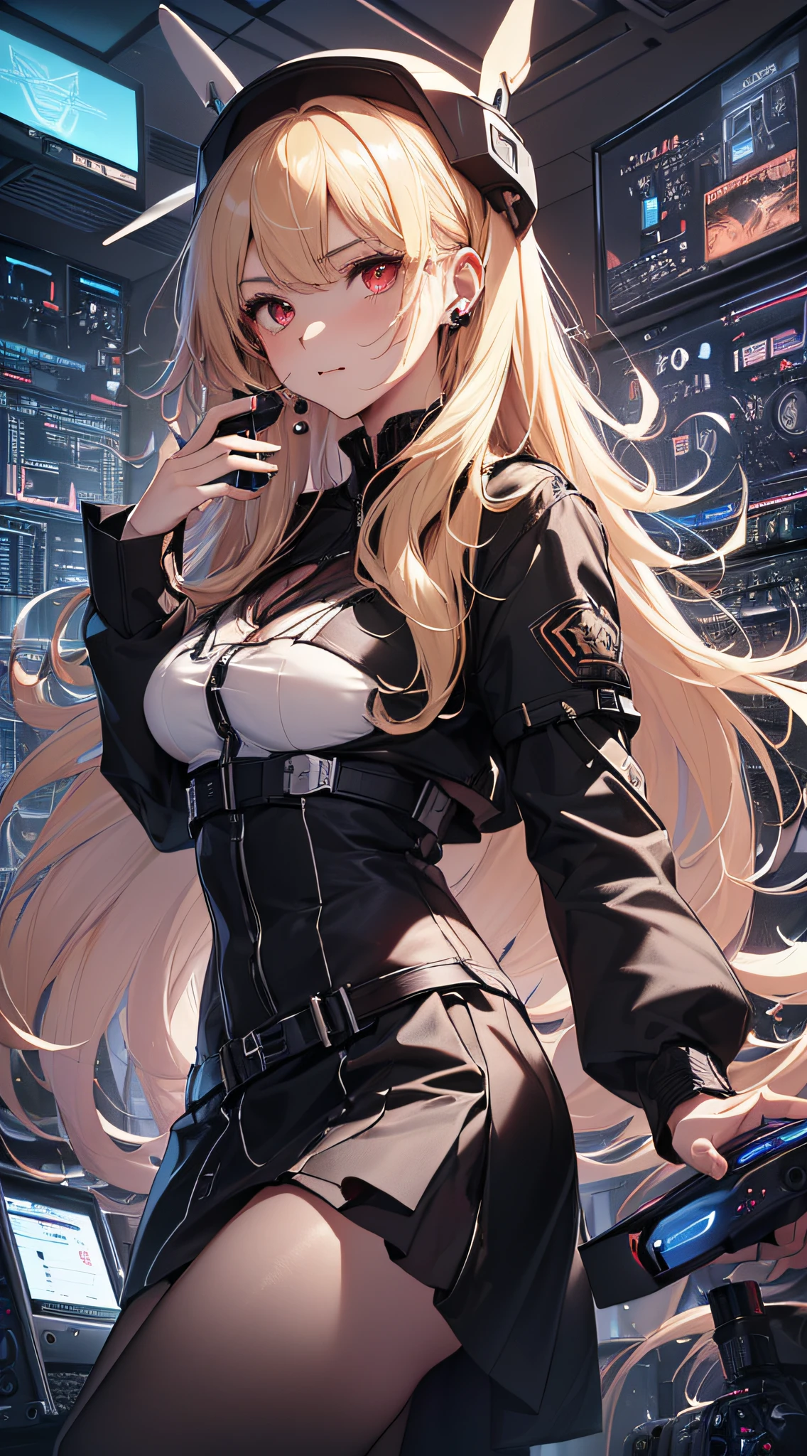 top-quality、Top image quality、masterpiece、girl with((Beautiful fece、20yr old、Best Bust、big bast、Bust 85,Red eyes to issue、Breasts wide open,Valley、Blonde long hair、A slender、Disheveled black Y-shirt、a black skirt、Black spats、Large valleys、get angry、Happiness、Wireless Earphones,Dark circles in the eyes))hiquality、Beautiful Art、Background with((Cyber Laboratories,Many flying drones、darkened room、Retro Laptops)),Depth((Numerous monitors))masutepiece、Elaborate design、visualart、depth of fields、